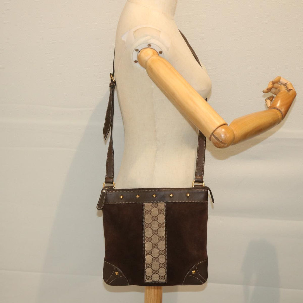 GUCCI GG Canvas Shoulder Bag Suede Beige Brown 120898 ki3660