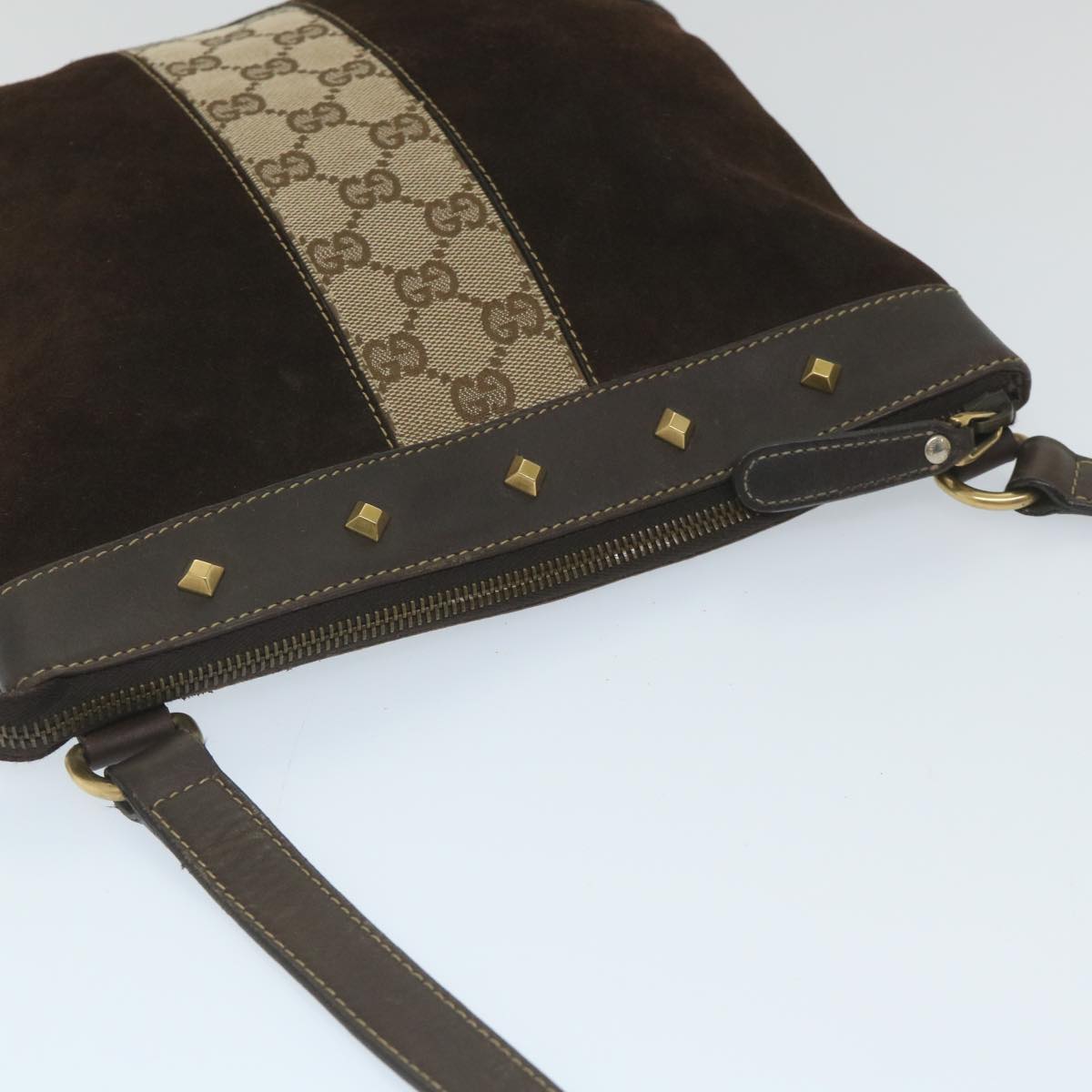 GUCCI GG Canvas Shoulder Bag Suede Beige Brown 120898 ki3660