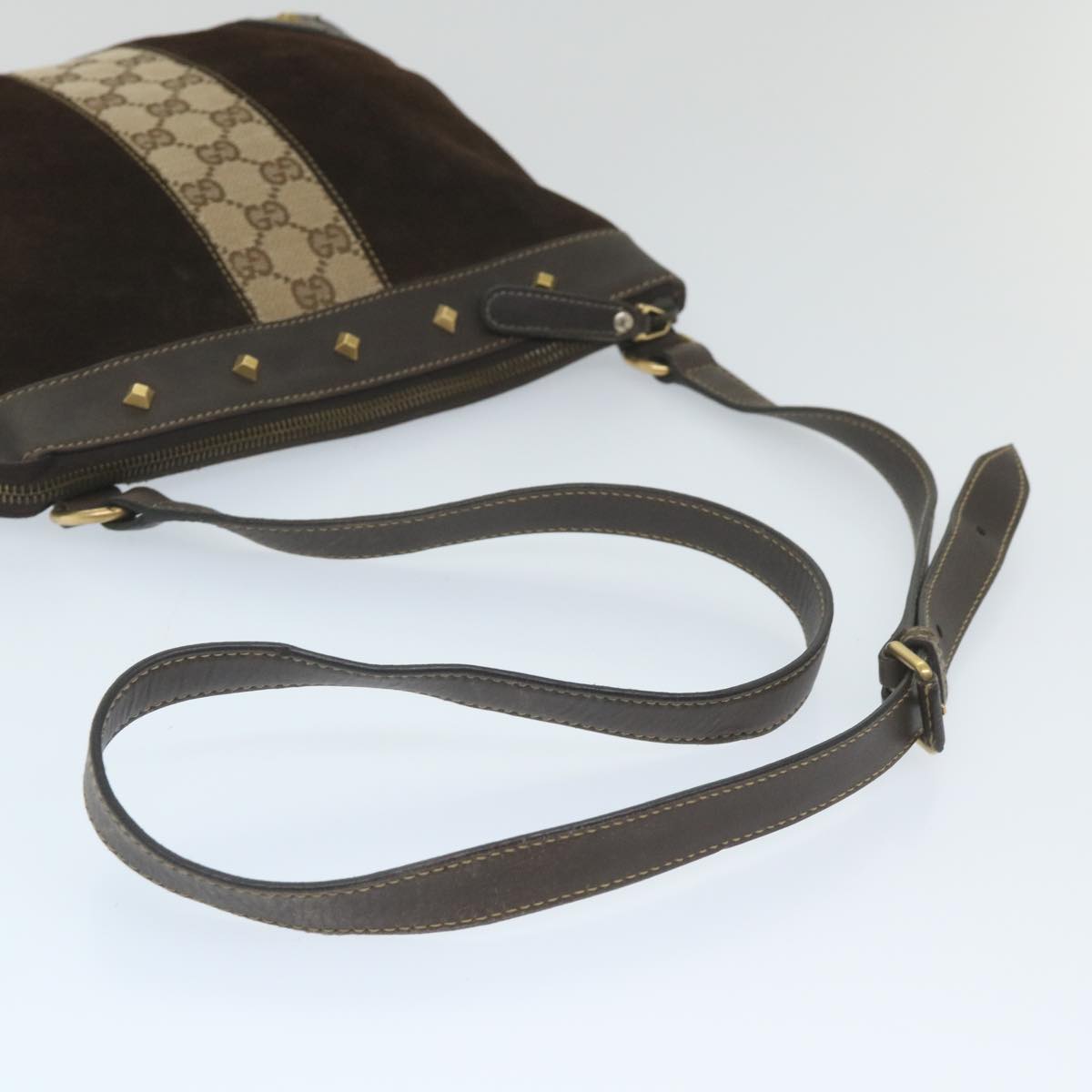 GUCCI GG Canvas Shoulder Bag Suede Beige Brown 120898 ki3660