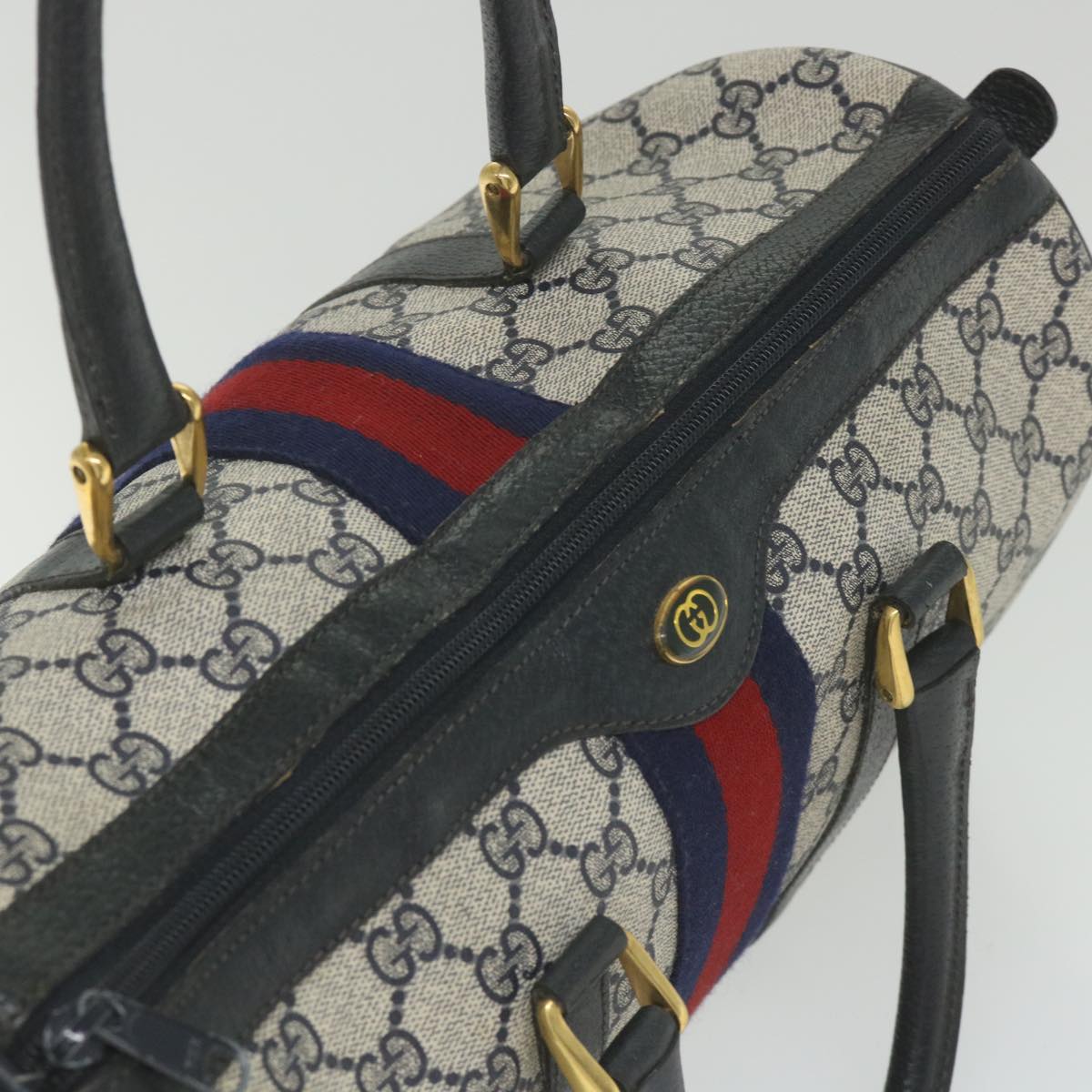 GUCCI GG Supreme Sherry Line Boston Bag Red Navy Gray 98 02 007 ki3731