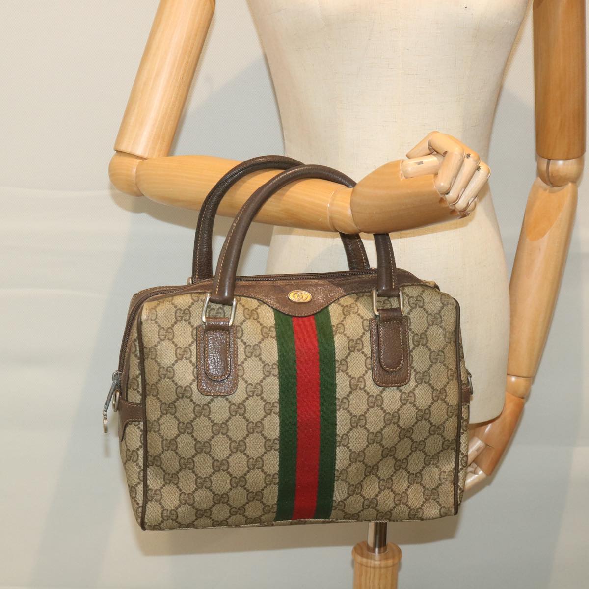 GUCCI GG Supreme Web Sherry Line Hand Bag Beige Red Green ki3750