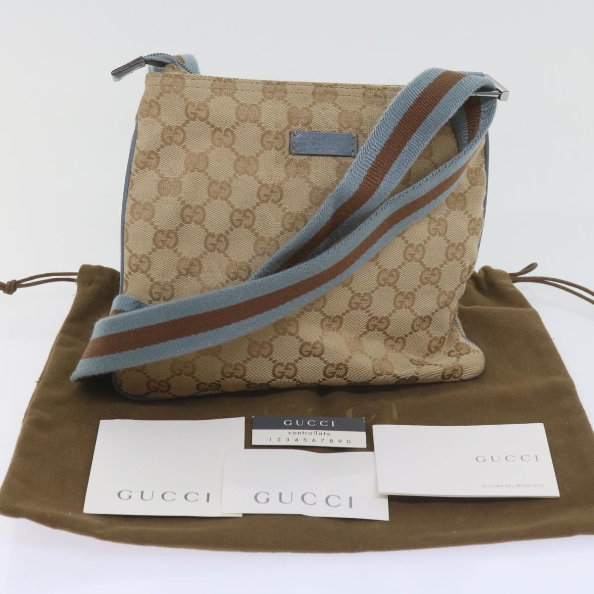 GUCCI GG Canvas Sherry Line Shoulder Bag Brown Light Blue 146309 ki3847
