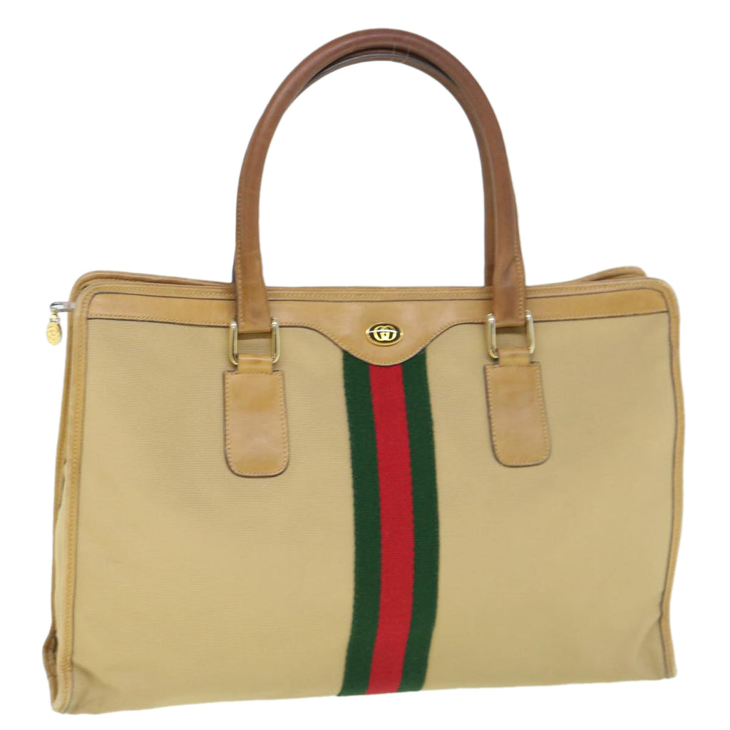 GUCCI Web Sherry Line Hand Bag Canvas Beige Red Green ki3854