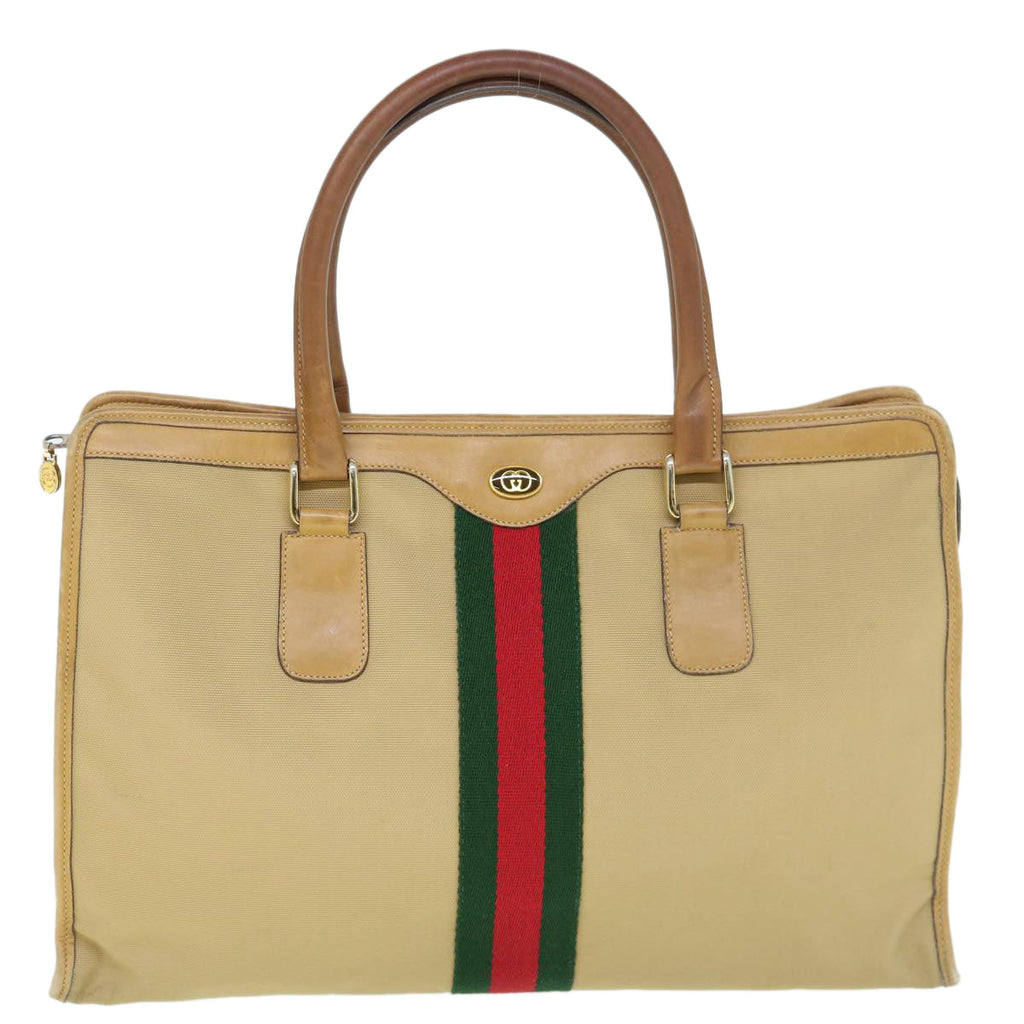 GUCCI Web Sherry Line Hand Bag Canvas Beige Red Green ki3854