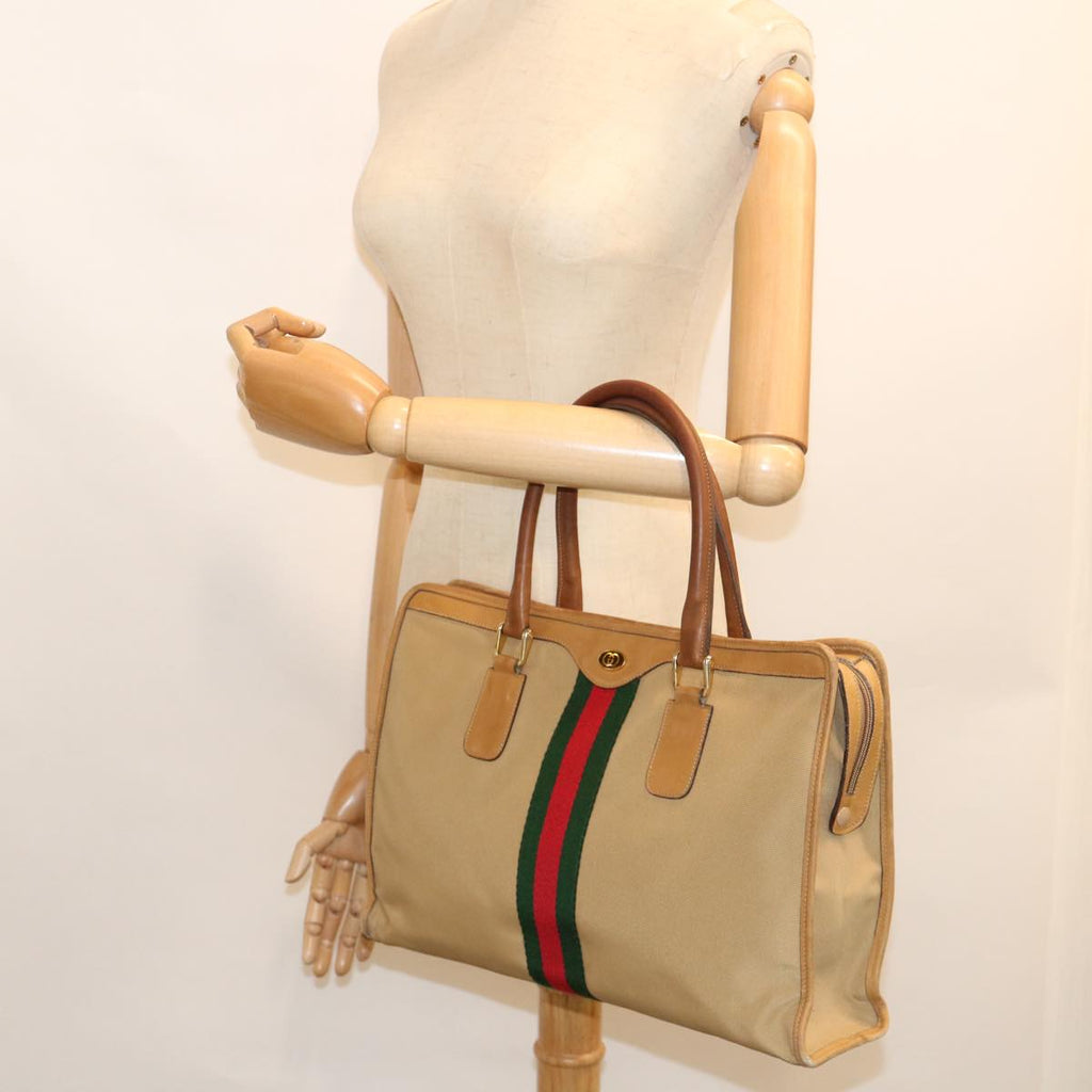 GUCCI Web Sherry Line Hand Bag Canvas Beige Red Green ki3854