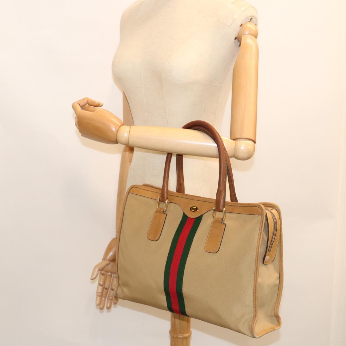GUCCI Web Sherry Line Hand Bag Canvas Beige Red Green ki3854