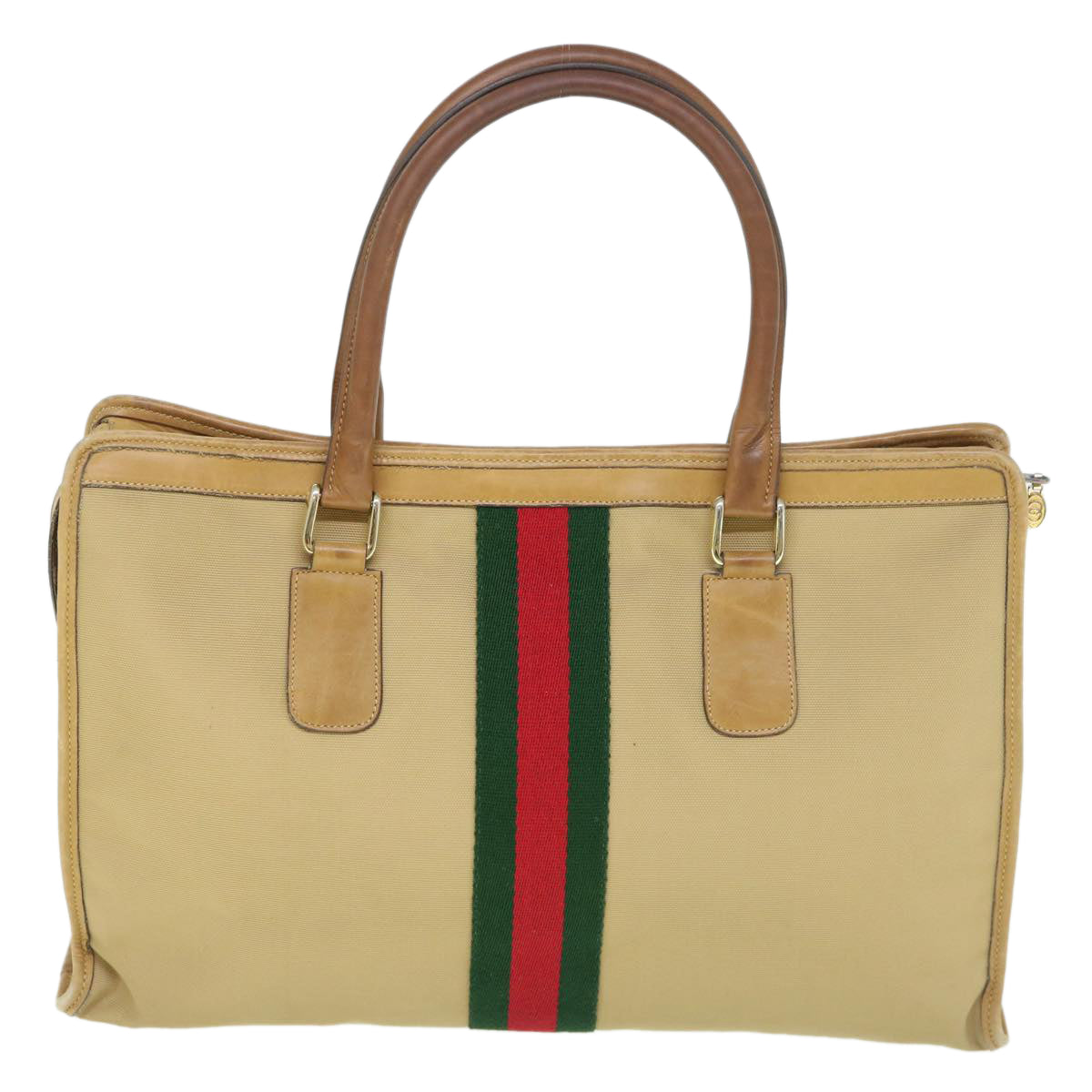 GUCCI Web Sherry Line Hand Bag Canvas Beige Red Green ki3854