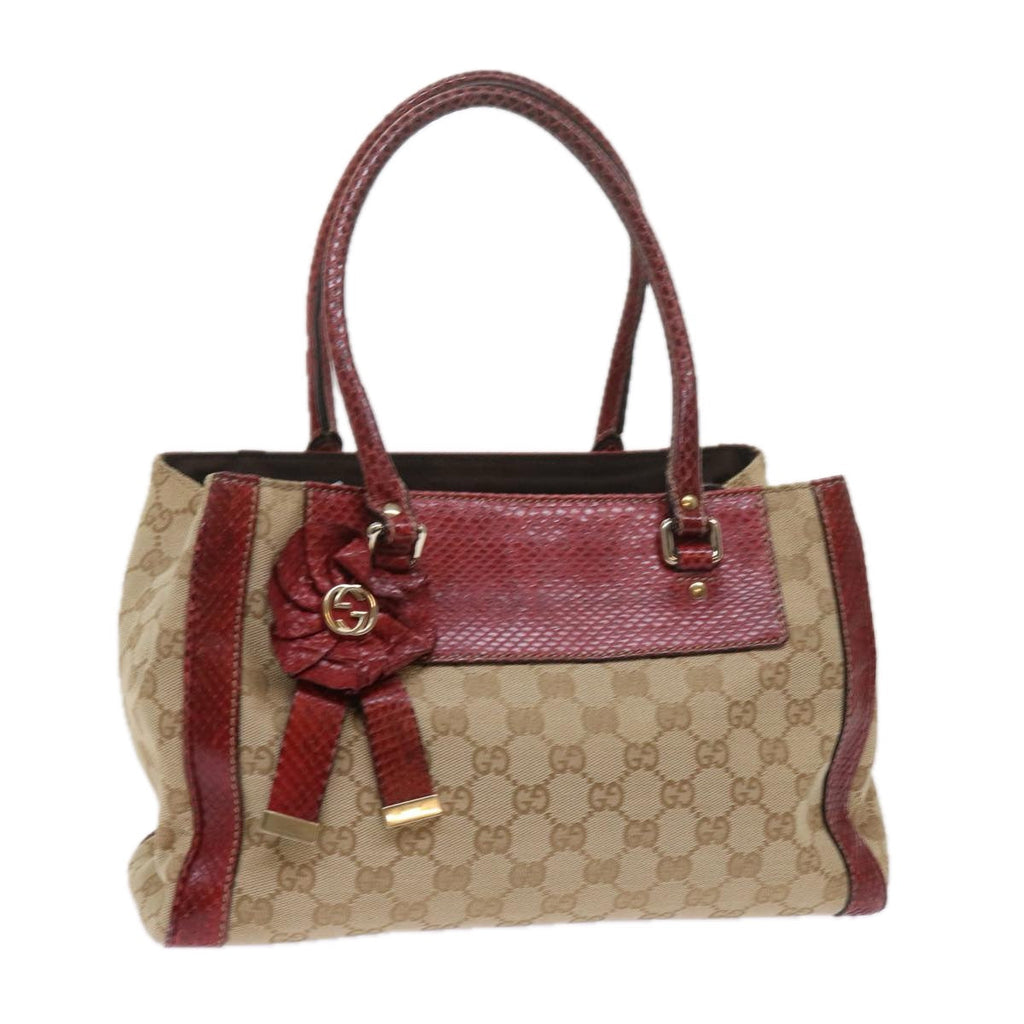 GUCCI GG Canvas Hand Bag Snake leather Beige Red ki3896