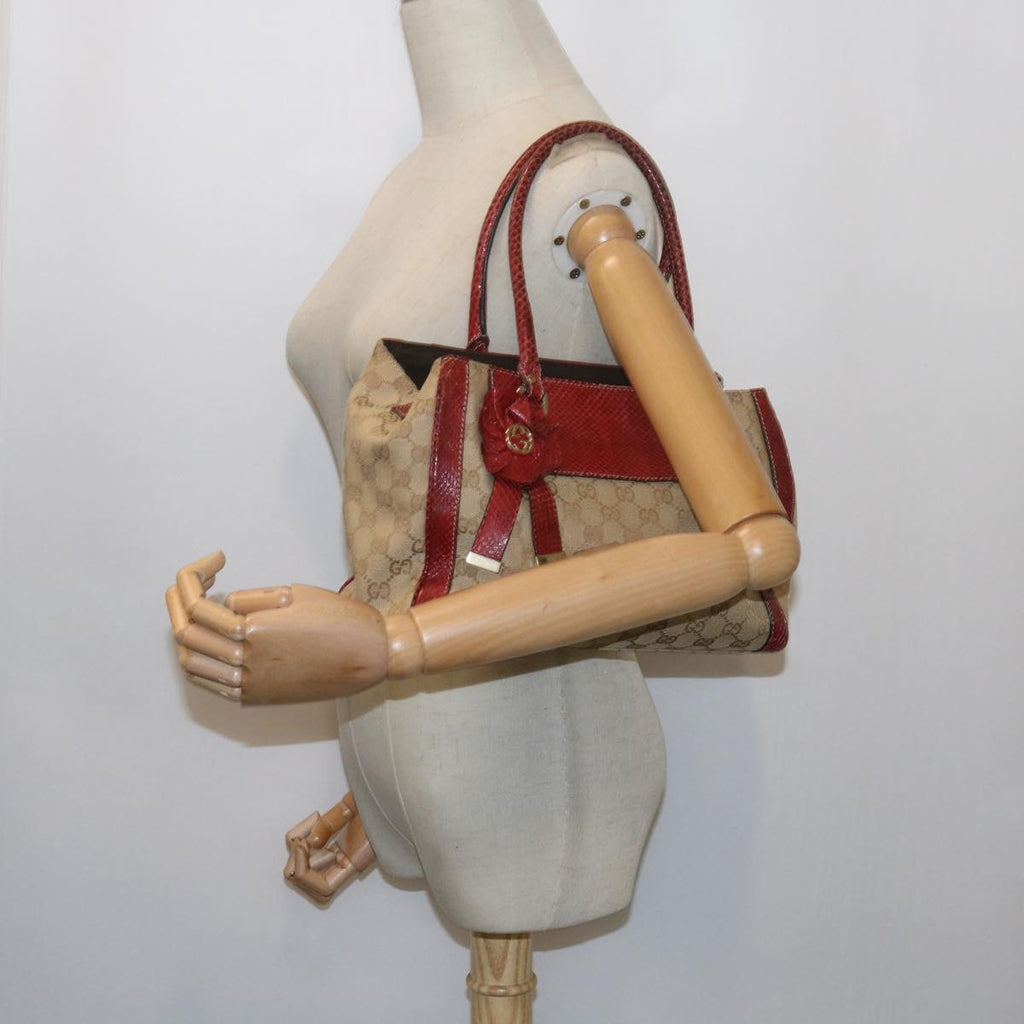 GUCCI GG Canvas Hand Bag Snake leather Beige Red ki3896