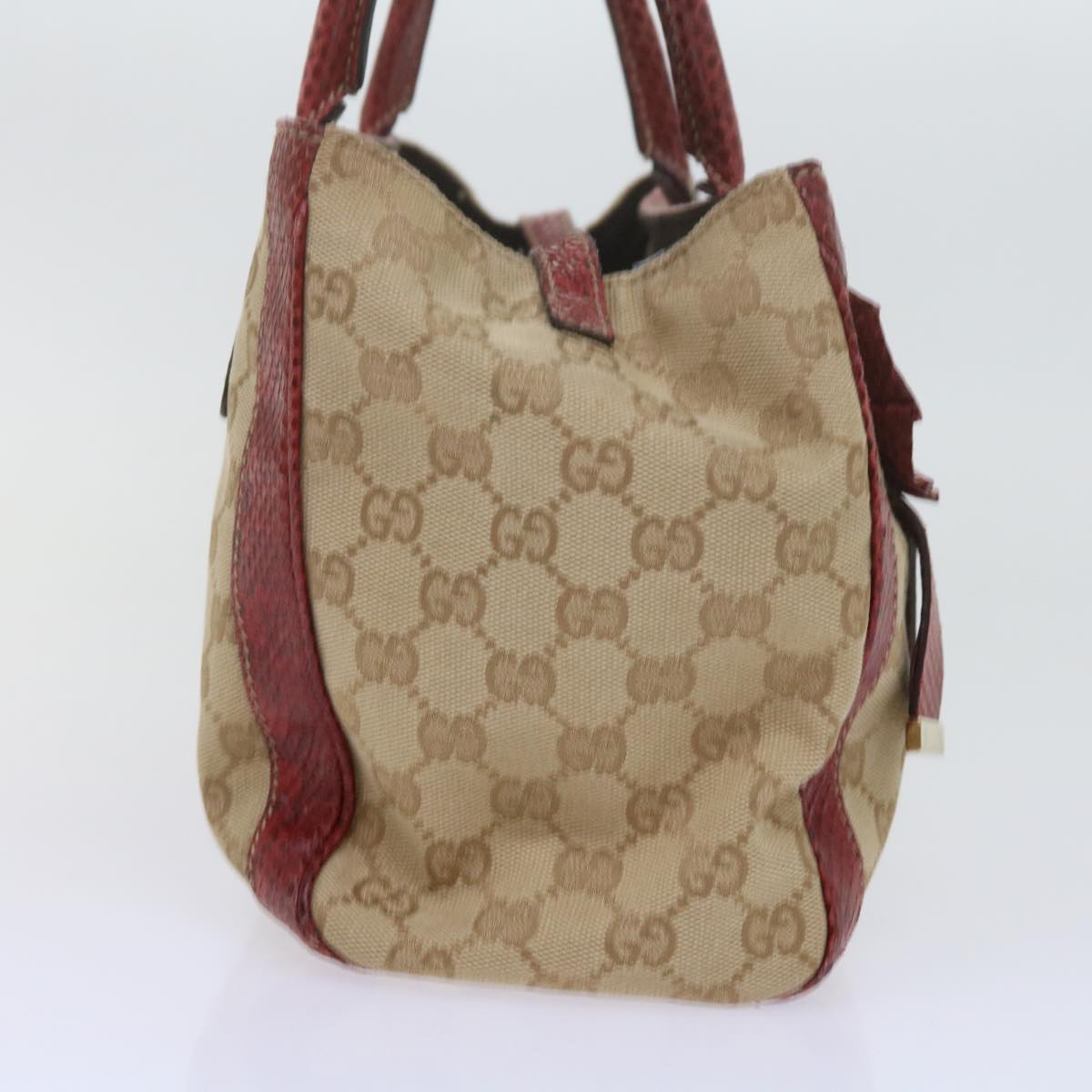 GUCCI GG Canvas Hand Bag Snake leather Beige Red ki3896