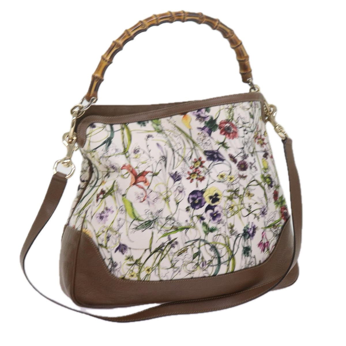 GUCCI Bamboo Flora Shoulder Bag Canvas 2way White Brown 282315 ki3900