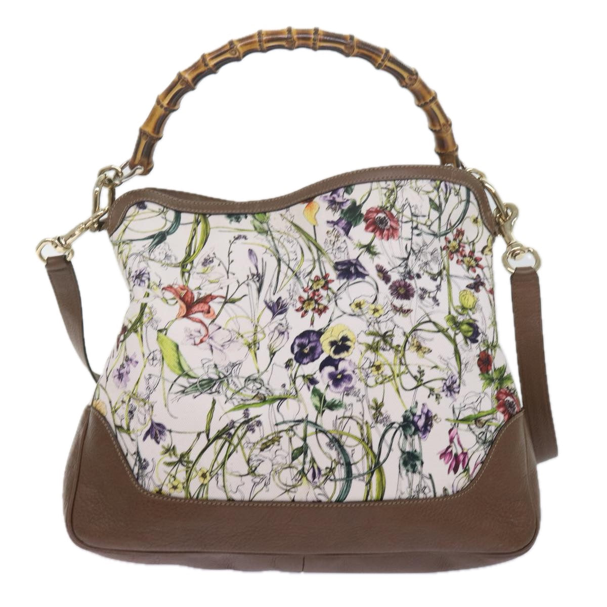 GUCCI Bamboo Flora Shoulder Bag Canvas 2way White Brown 282315 ki3900