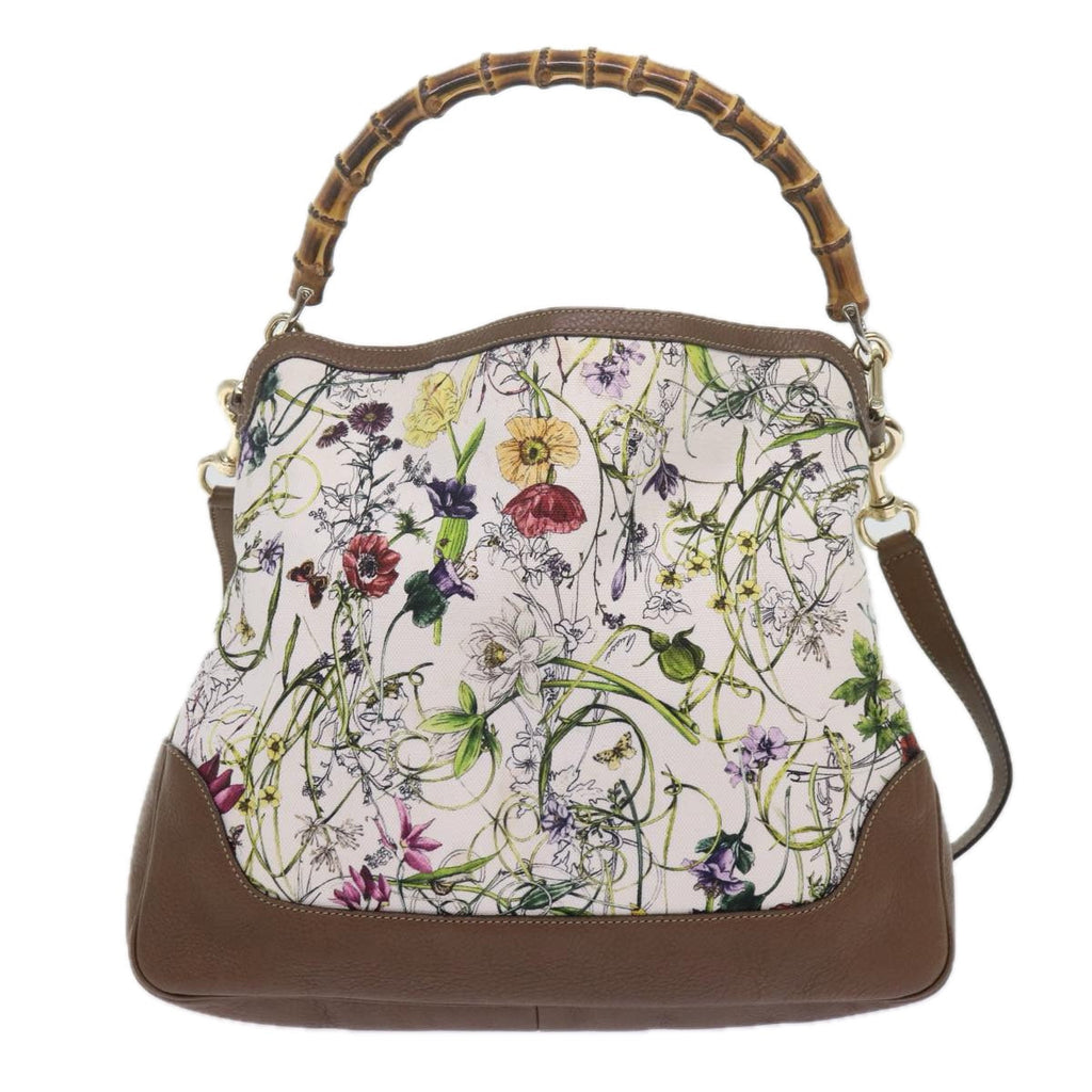 GUCCI Bamboo Flora Shoulder Bag Canvas 2way White Brown 282315 ki3900