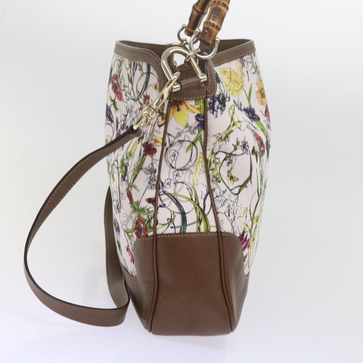GUCCI Bamboo Flora Shoulder Bag Canvas 2way White Brown 282315 ki3900