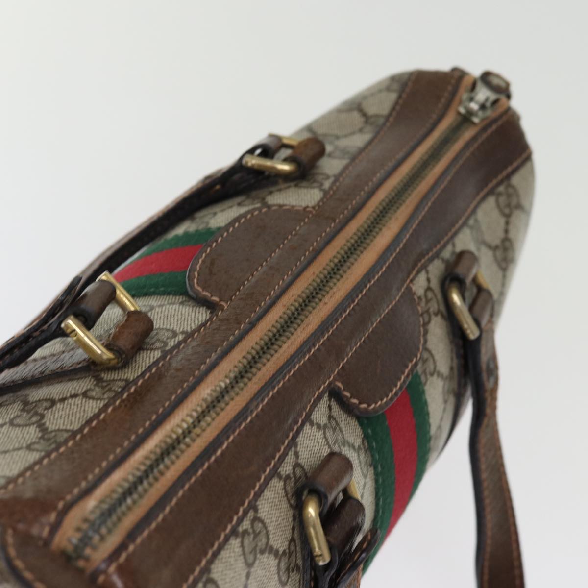 GUCCI GG Supreme Web Sherry Line Boston Bag PVC Beige Red Green ki4475