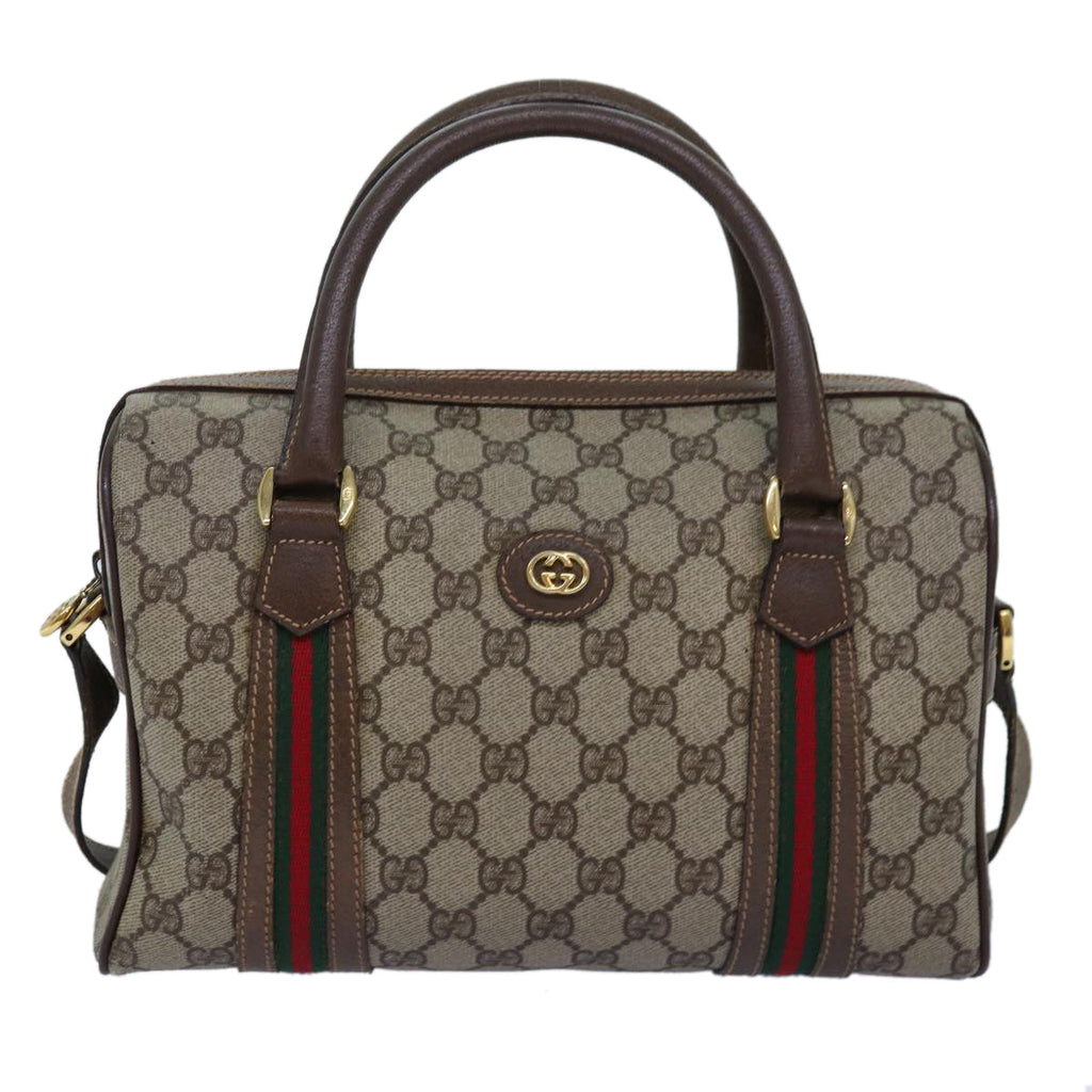 GUCCI GG Supreme Web Sherry Line Boston Bag PVC 2way Beige Red Green ki4476
