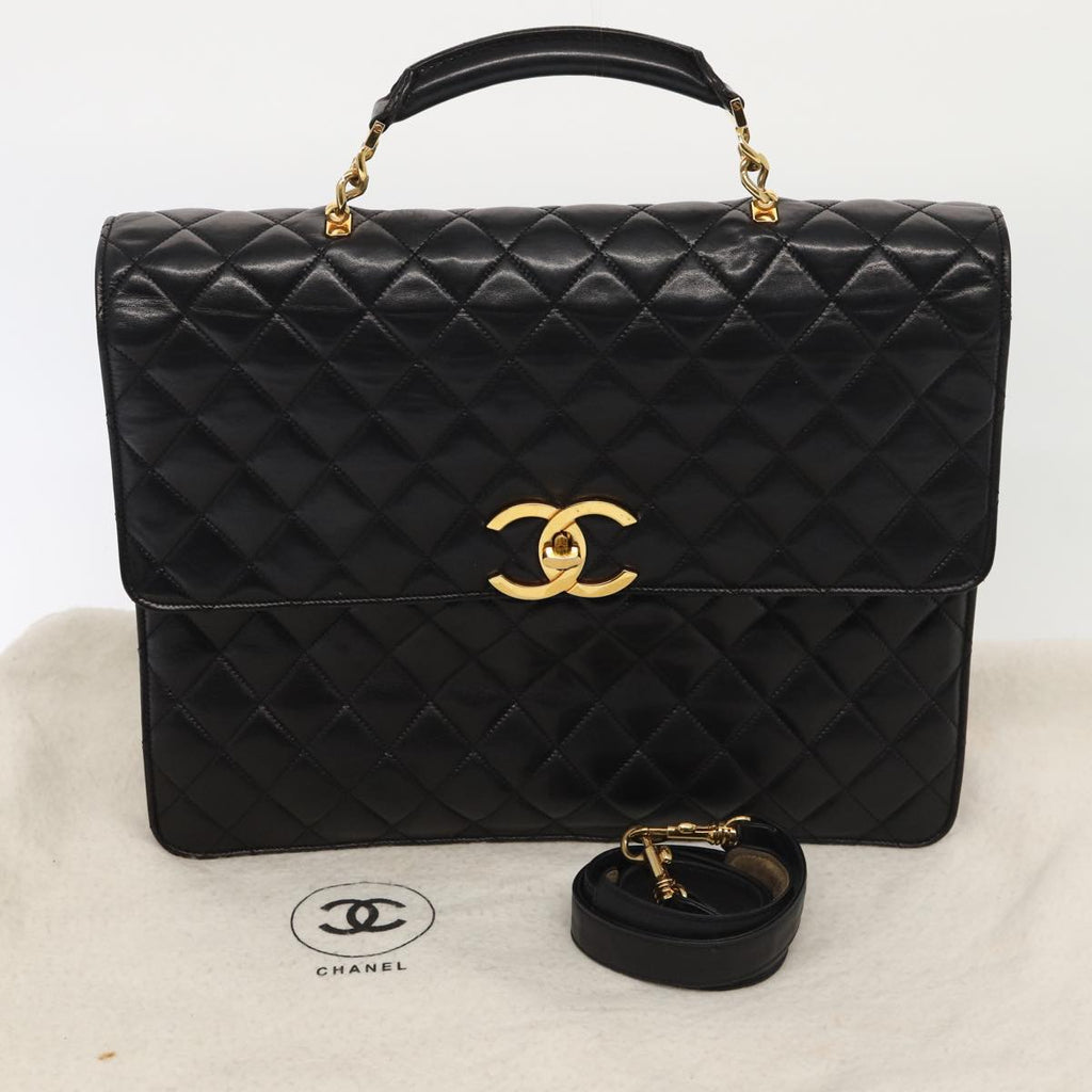 CHANEL Matelasse Business Bag Lamb Skin 2way Black Gold CC ki4737