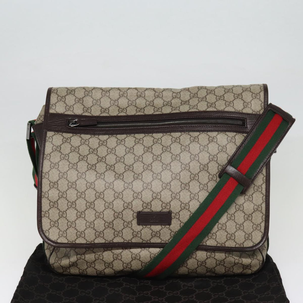GUCCI GG Supreme Web Sherry Line Shoulder Bag PVC Beige Silver ki4747