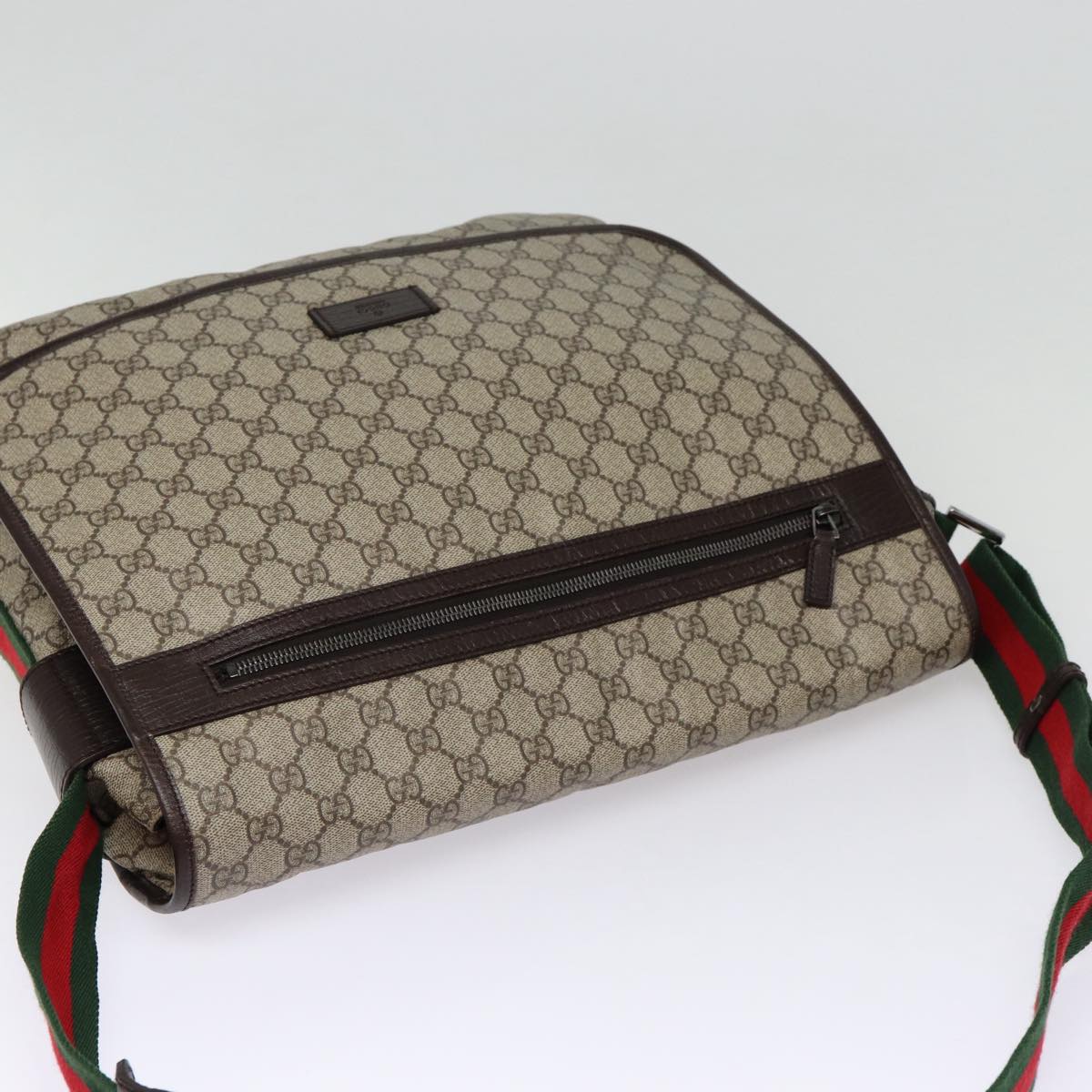 GUCCI GG Supreme Web Sherry Line Shoulder Bag PVC Beige Silver ki4747