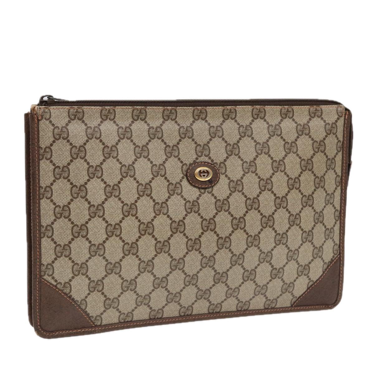 GUCCI GG Supreme Clutch Bag PVC Leather Beige Brown gold ki4750