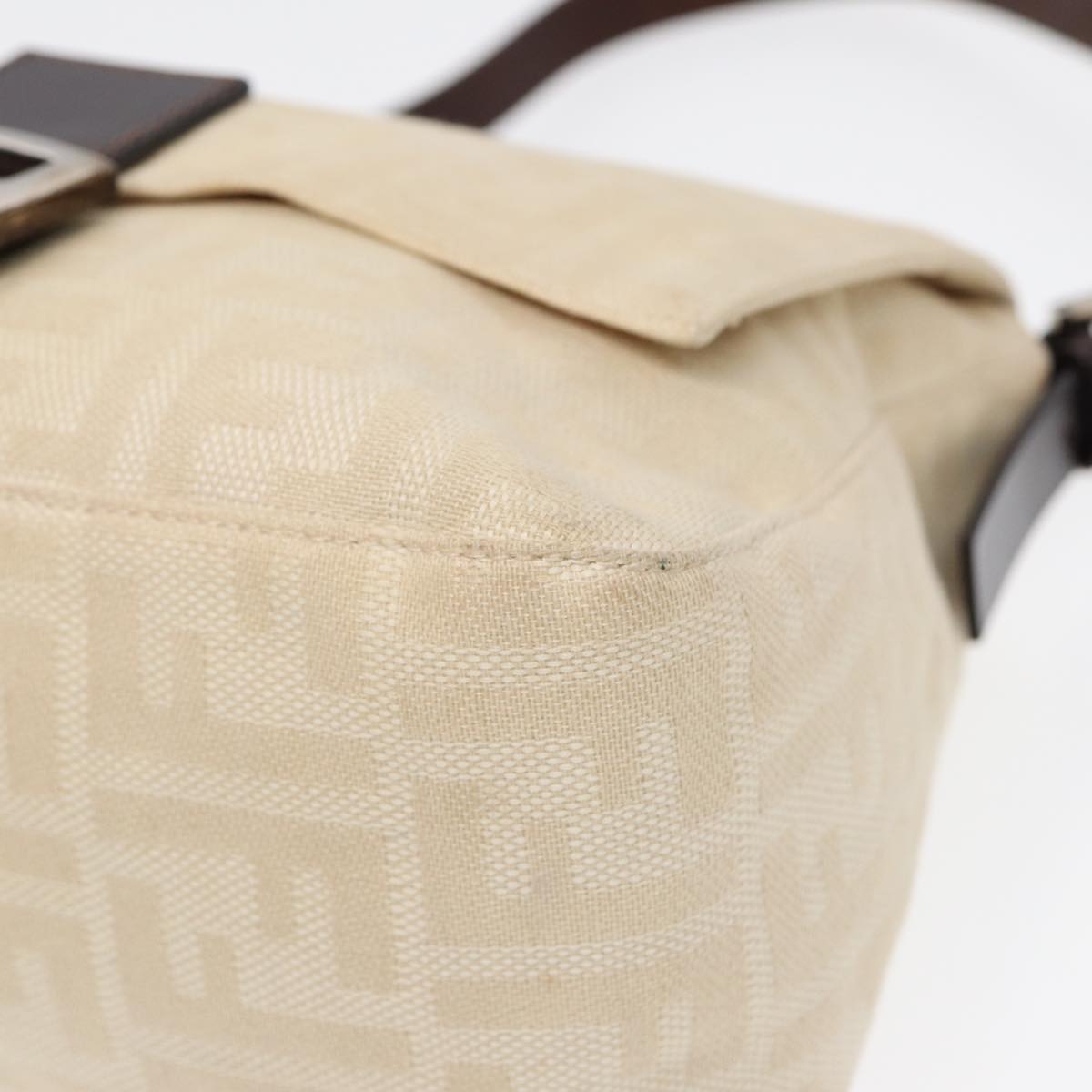 FENDI Mamma Baguette Shoulder Bag Canvas Leather White Brown Silver ki4797