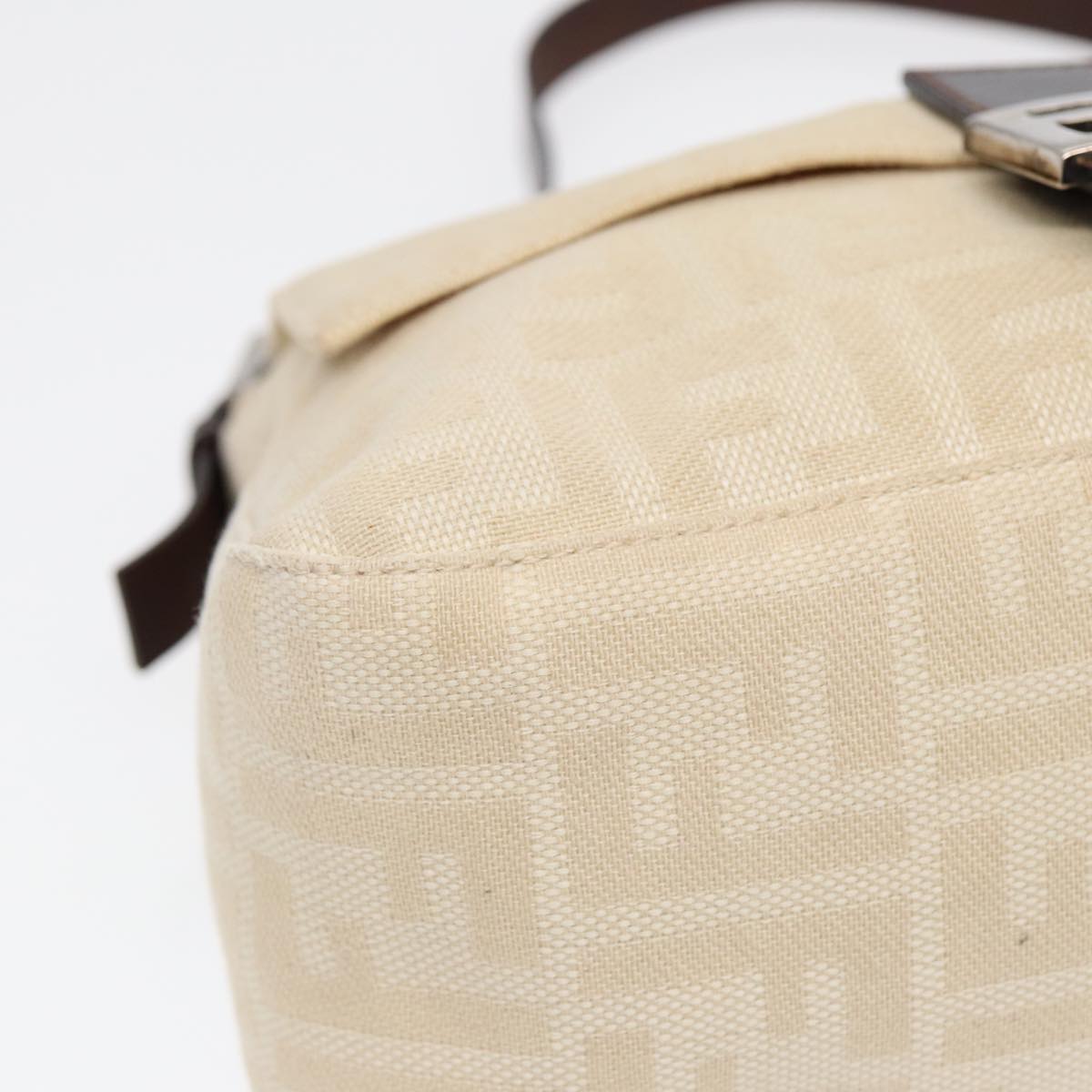 FENDI Mamma Baguette Shoulder Bag Canvas Leather White Brown Silver ki4797