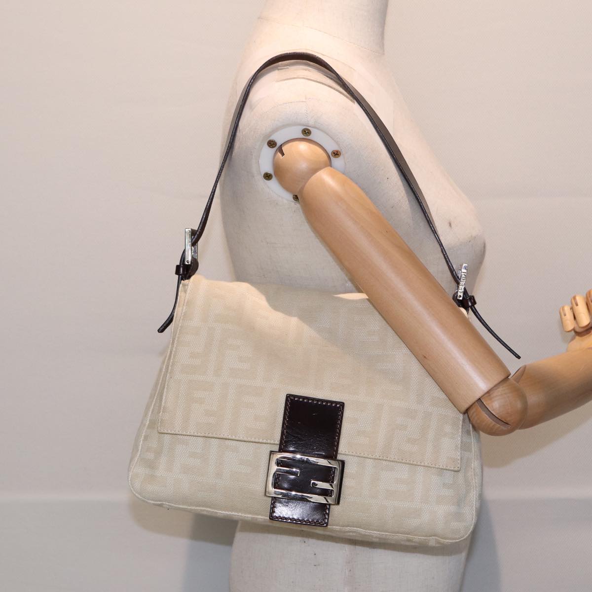 FENDI Mamma Baguette Shoulder Bag Canvas Leather White Brown Silver ki4797