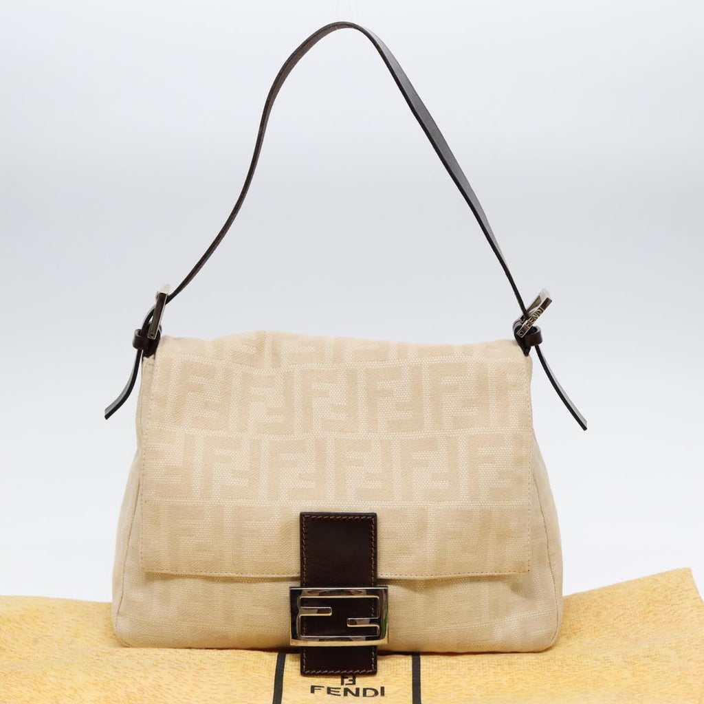 FENDI Mamma Baguette Shoulder Bag Canvas Leather White Brown Silver ki4797