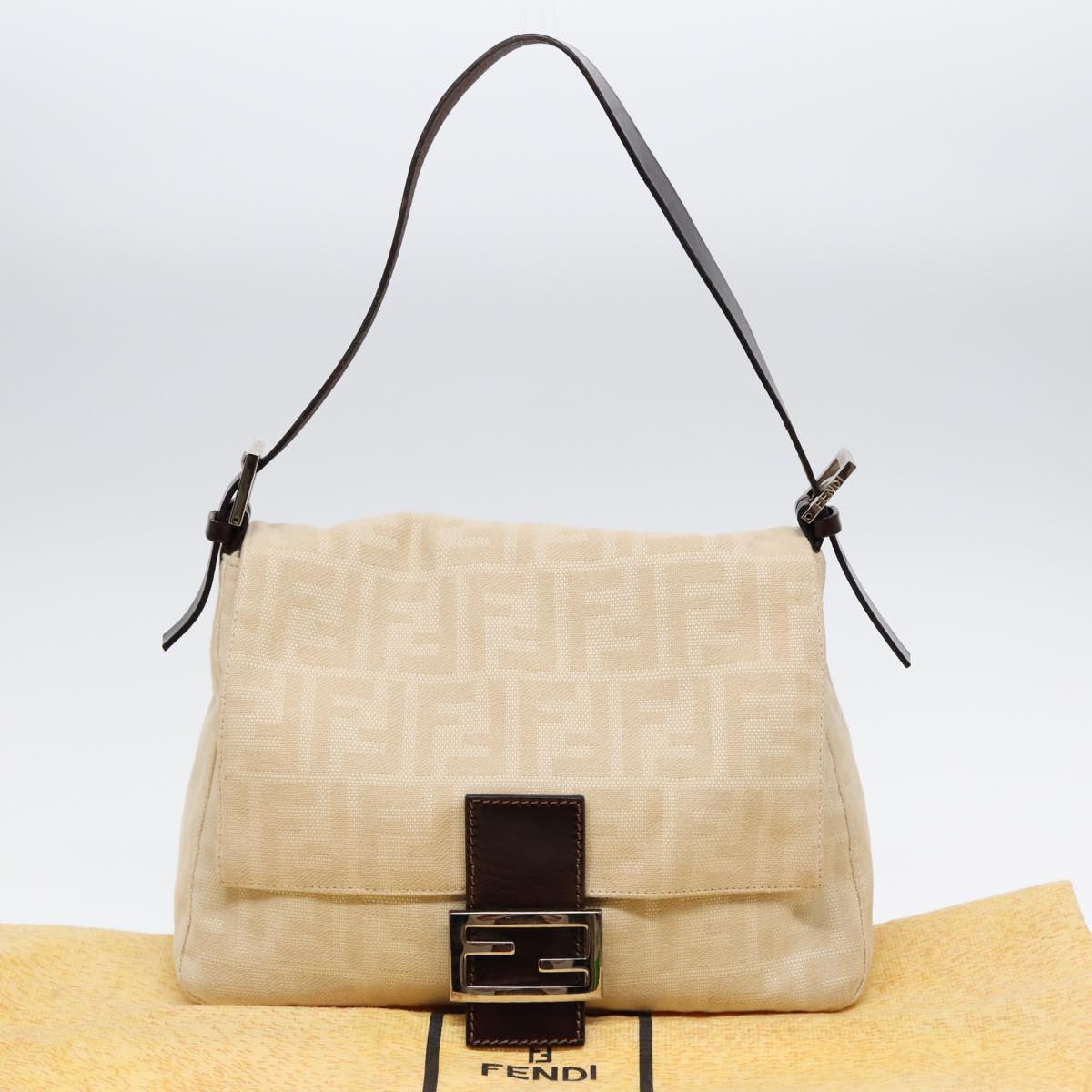 FENDI Mamma Baguette Shoulder Bag Canvas Leather White Brown Silver ki4797