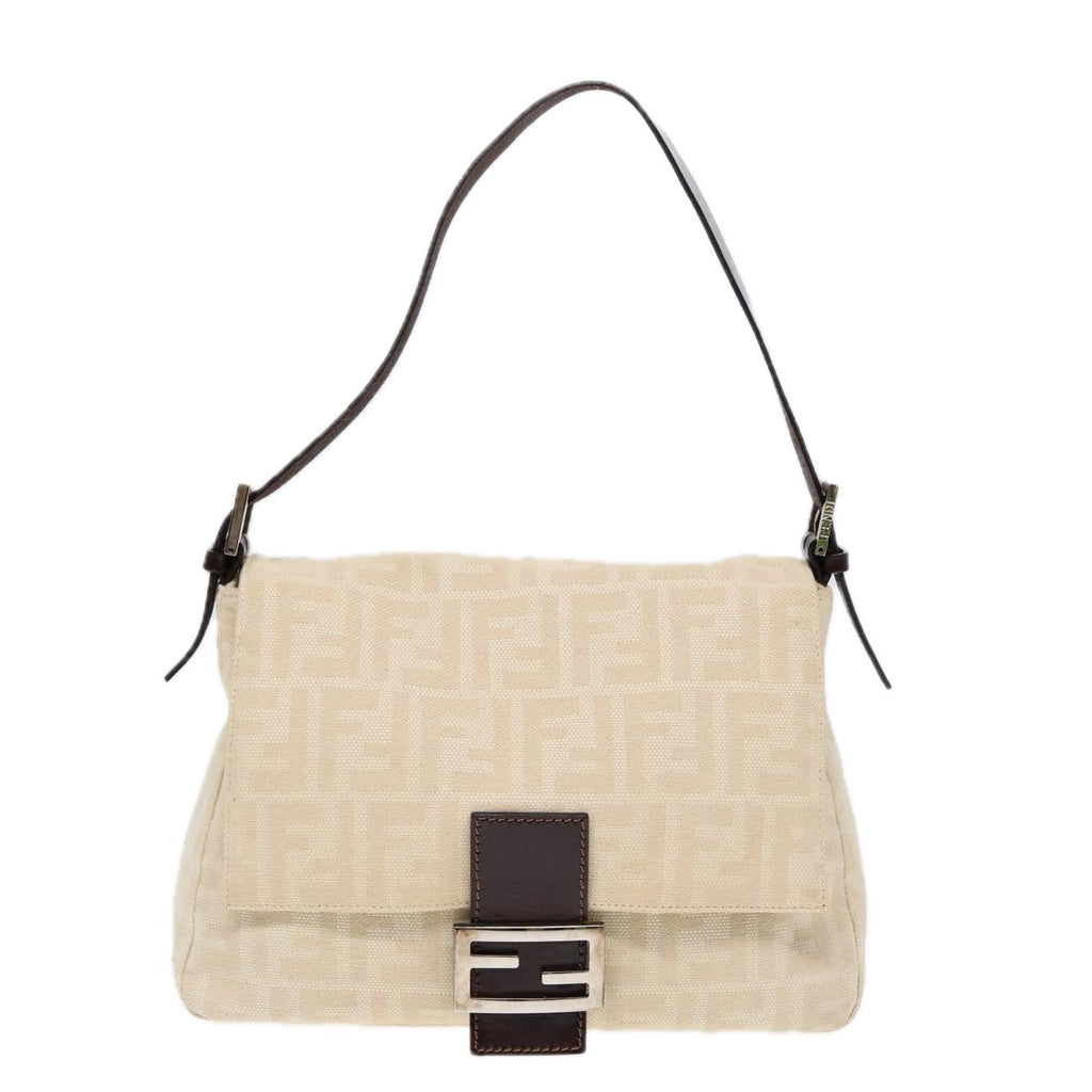 FENDI Mamma Baguette Shoulder Bag Canvas Leather White Brown Silver ki4797