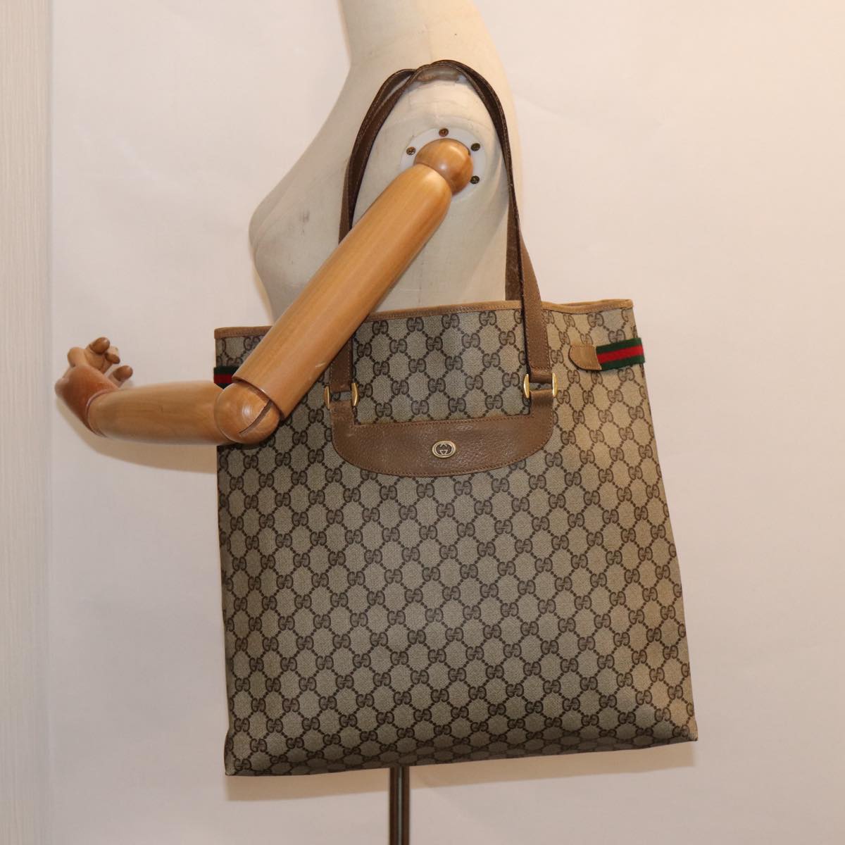 GUCCI GG Supreme Web Sherry Line Tote Bag PVC Beige Gold 39 02 091 ki4828
