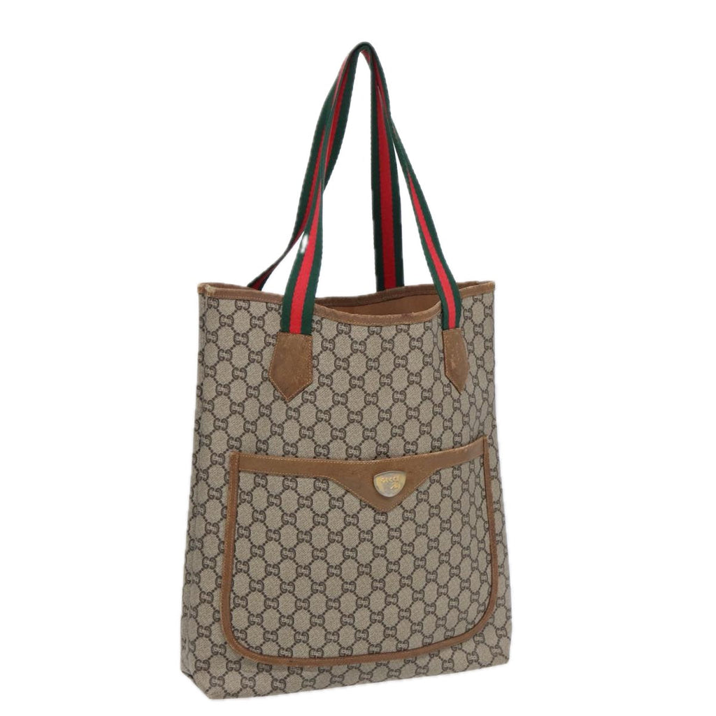 GUCCI GG Plus Supreme Web Sherry Line Tote Bag PVC Beige Gold Red ki4840