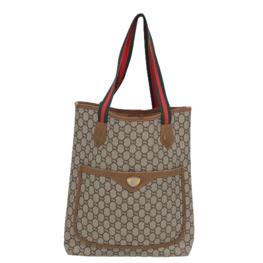 GUCCI GG Plus Supreme Web Sherry Line Tote Bag PVC Beige Gold Red ki4840