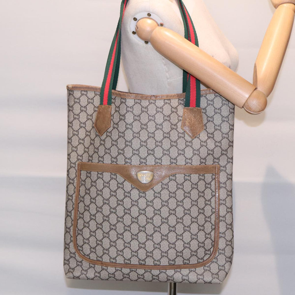 GUCCI GG Plus Supreme Web Sherry Line Tote Bag PVC Beige Gold Red ki4840