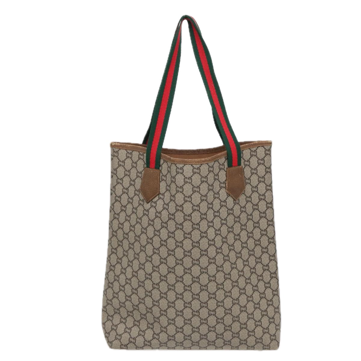 GUCCI GG Plus Supreme Web Sherry Line Tote Bag PVC Beige Gold Red ki4840