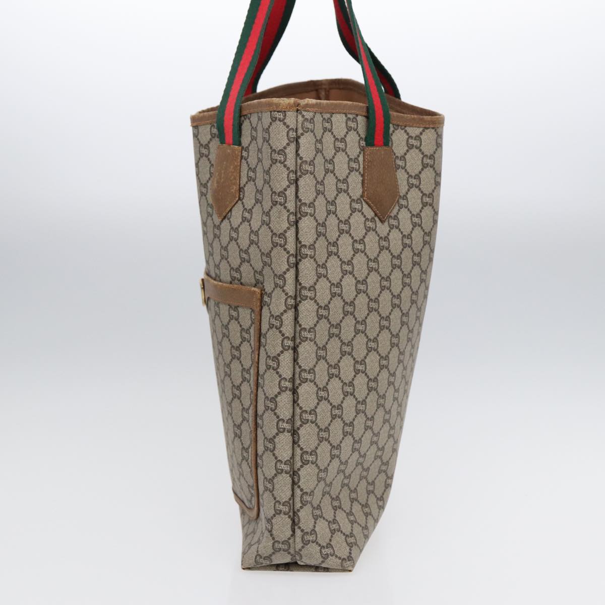 GUCCI GG Plus Supreme Web Sherry Line Tote Bag PVC Beige Gold Red ki4840