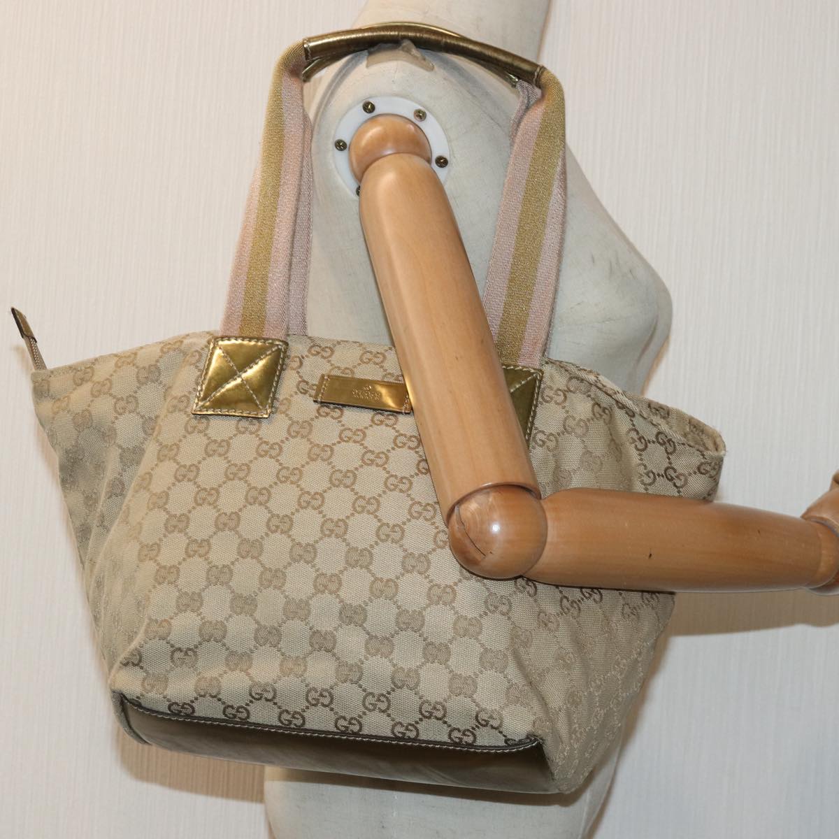 GUCCI GG Canvas Sherry Line Tote Bag Beige Pink gold 131230 ki4879