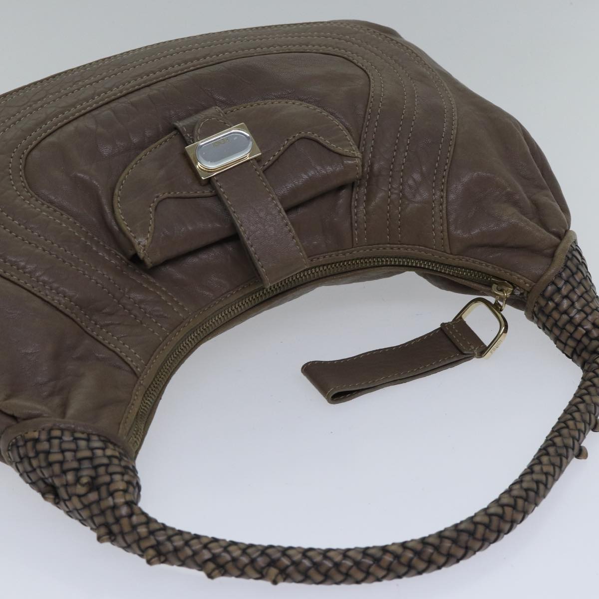 FENDI Zucca Shoulder Bag Leather Beige ki4903