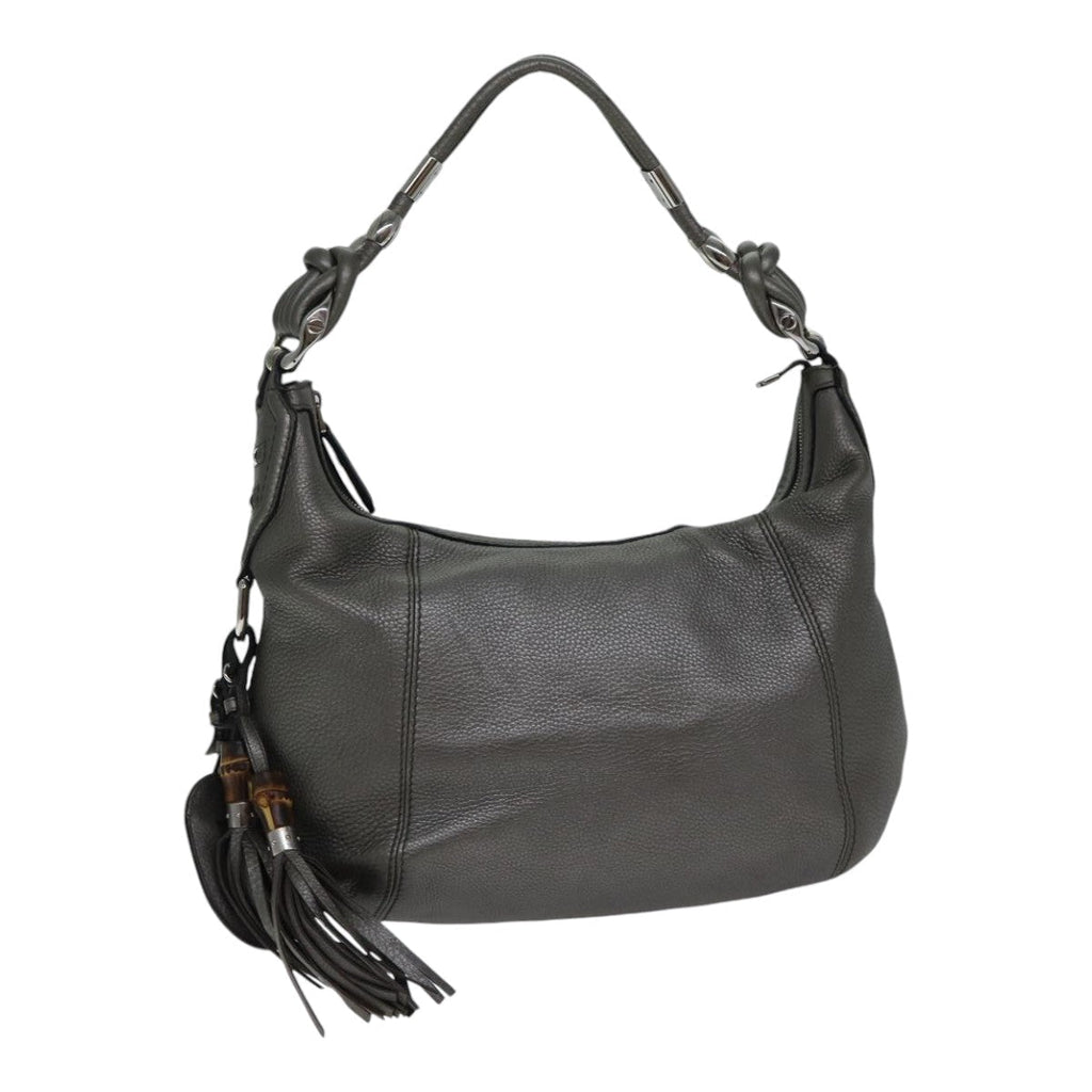 GUCCI Bamboo Fringe Shoulder Bag Leather Silver ki4907