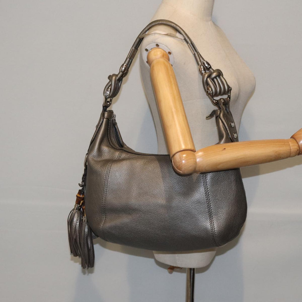 GUCCI Bamboo Fringe Shoulder Bag Leather Silver ki4907