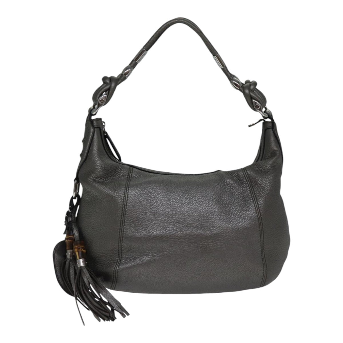 GUCCI Bamboo Fringe Shoulder Bag Leather Silver ki4907