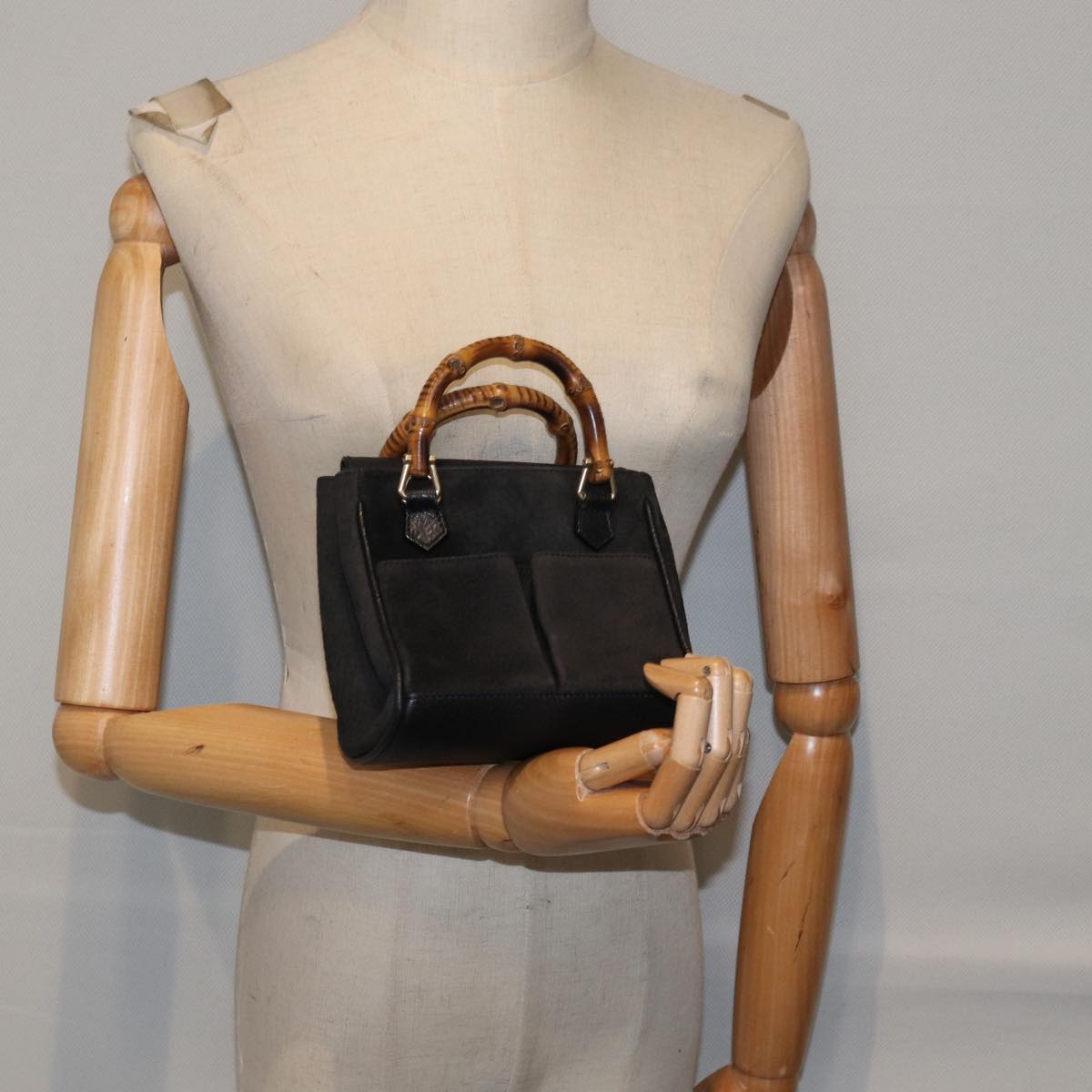 GUCCI Bamboo Hand Bag Suede Black ki4913