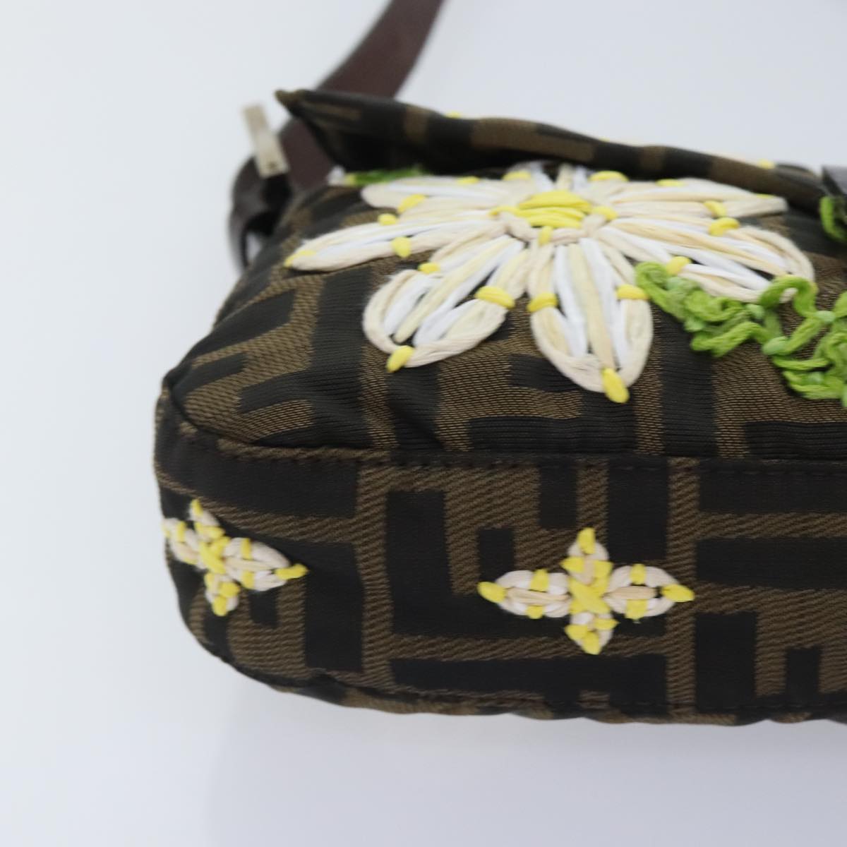 FENDI Zucca Canvas Flower Embroidery Mamma Baguette Bag Black Brown ki4974