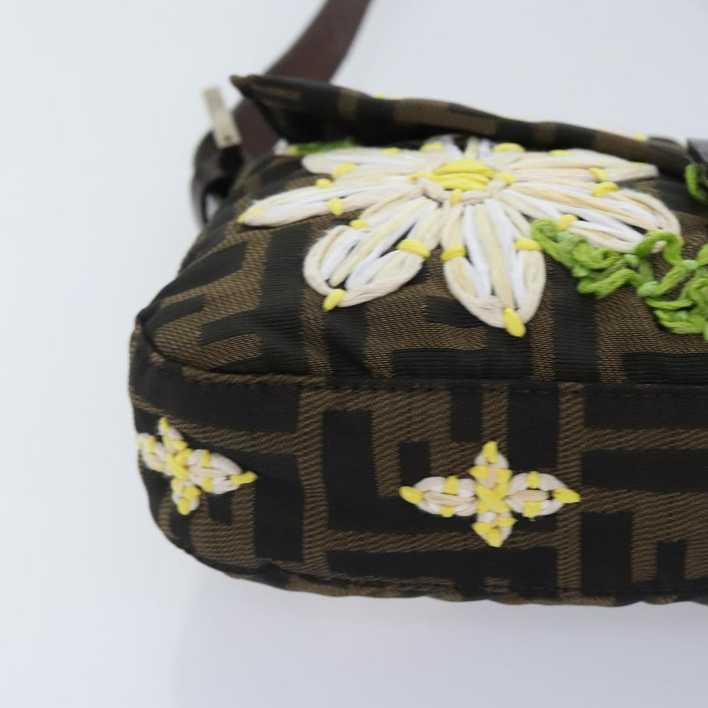FENDI Zucca Canvas Flower Embroidery Mamma Baguette Bag Black Brown ki4974