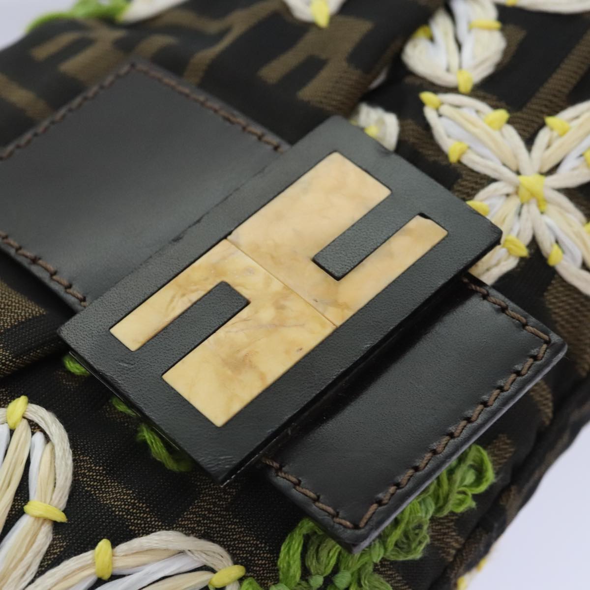 FENDI Zucca Canvas Flower Embroidery Mamma Baguette Bag Black Brown ki4974
