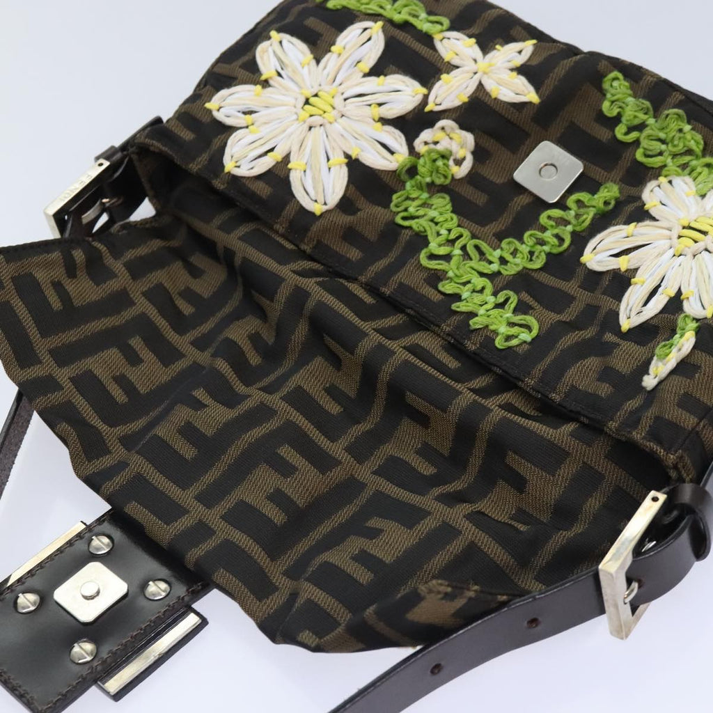 FENDI Zucca Canvas Flower Embroidery Mamma Baguette Bag Black Brown ki4974