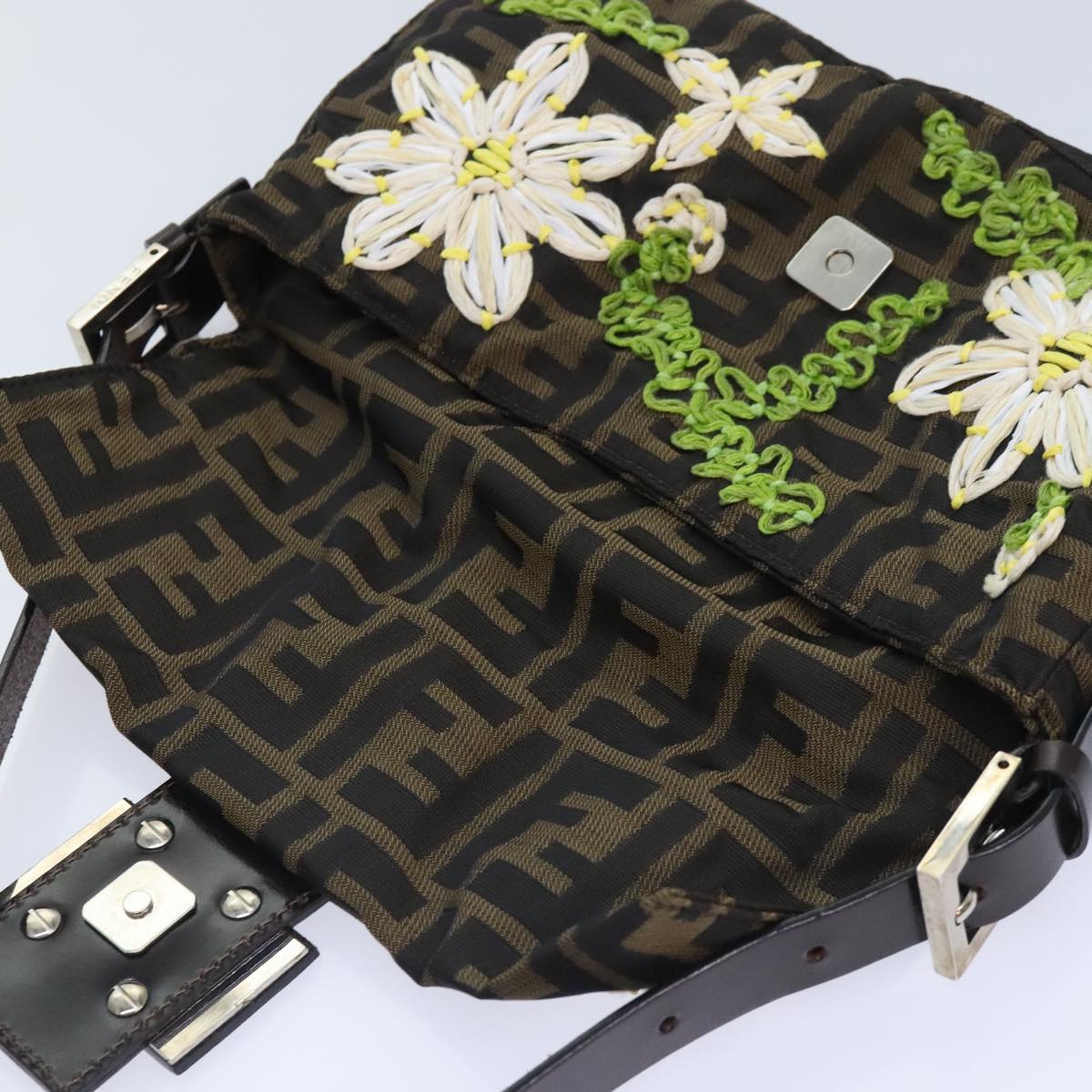 FENDI Zucca Canvas Flower Embroidery Mamma Baguette Bag Black Brown ki4974