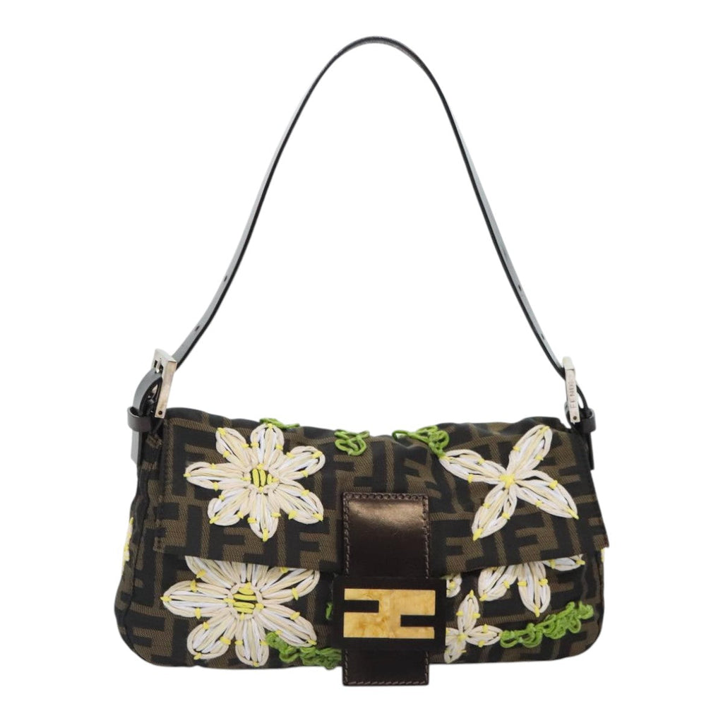 FENDI Zucca Canvas Flower Embroidery Mamma Baguette Bag Black Brown ki4974