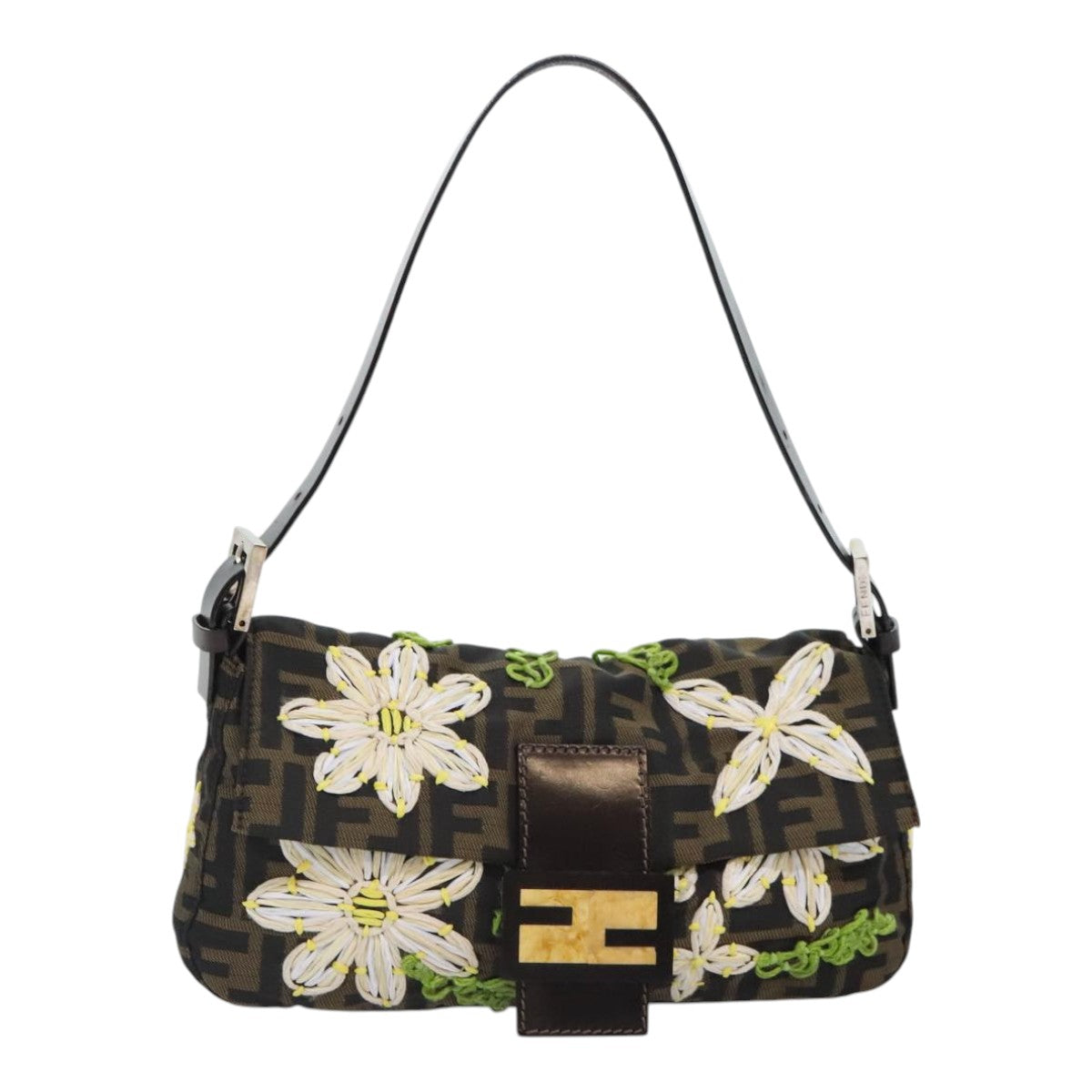 FENDI Zucca Canvas Flower Embroidery Mamma Baguette Bag Black Brown ki4974