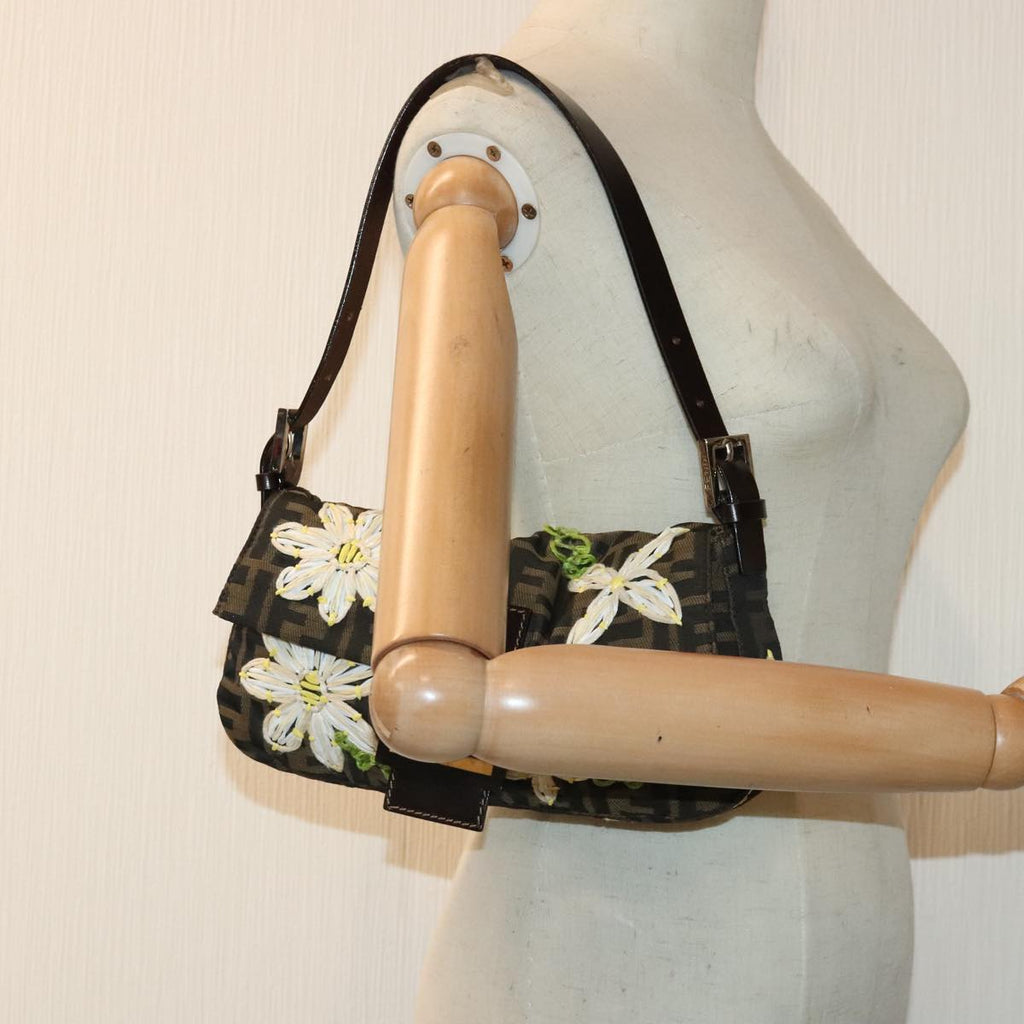 FENDI Zucca Canvas Flower Embroidery Mamma Baguette Bag Black Brown ki4974